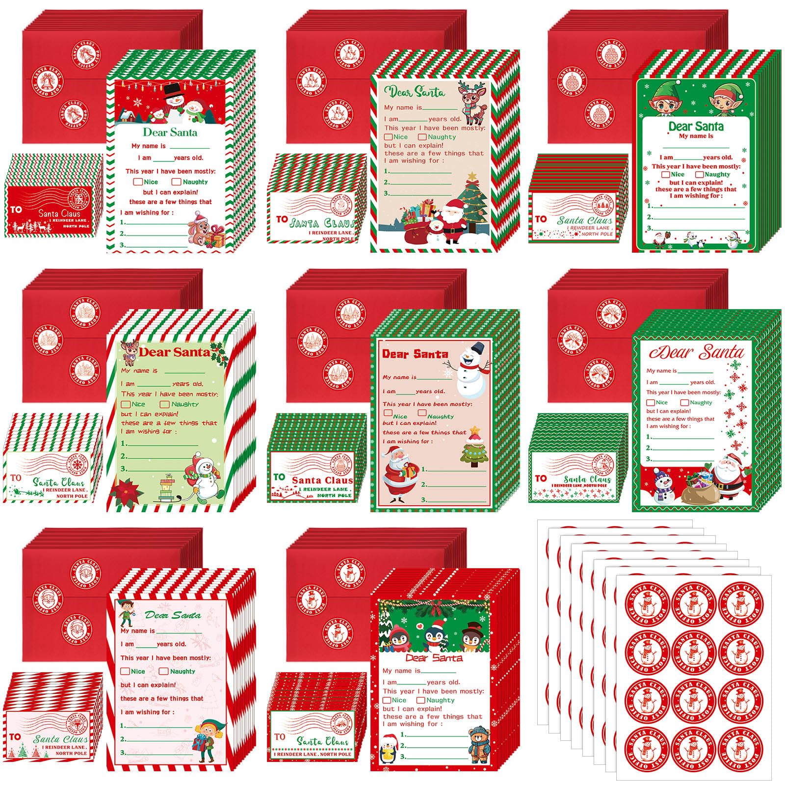 Sinload Kit ufficiale con lettere a Babbo Natale, 512 pezzi, include biglietti di Natale da 12,7 x 17,8 cm, con buste, adesivi, francobolli, lettere a Babbo Natale, per lista dei desideri di Natale