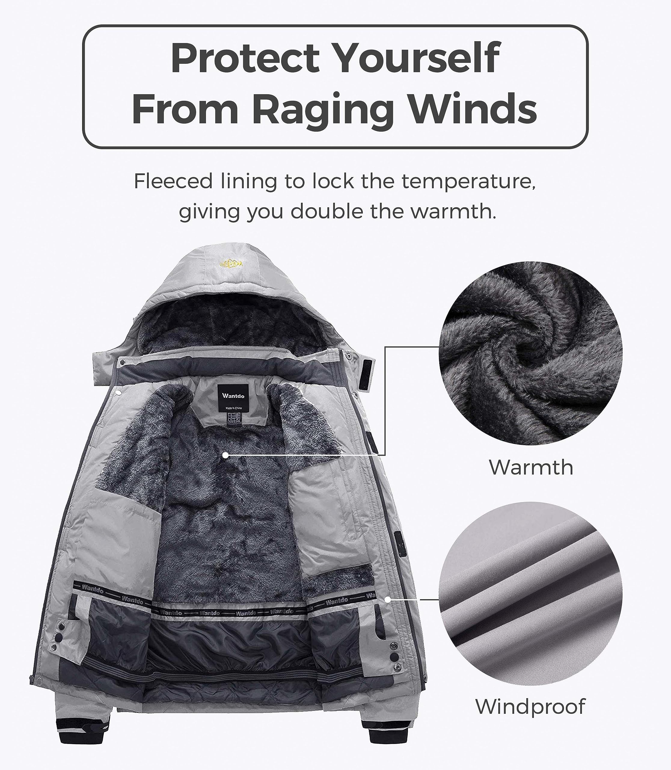 Wantdo Giacca da Sci Montagna Calda Invernale Parka da Neve Imbottita Cappotto da Snowboard in Pile Giubbotto con Cappuccio Impermeabile Uomo