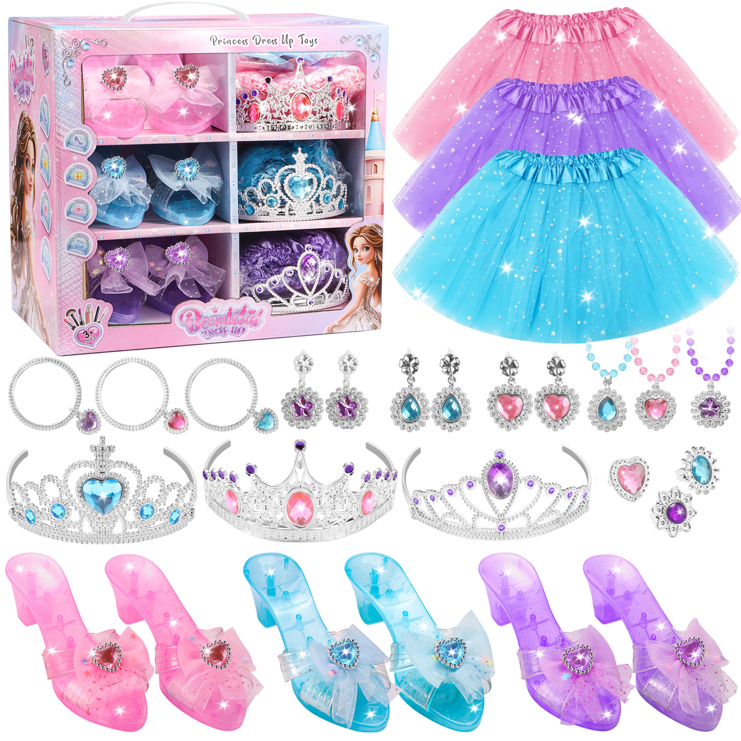 Aerilyo Princess Dress Up Shoes with Kids Make Up Set, Princess Toys with 3 Colour Princess Shoes, Skirts, Crowns, Jewelry Accessories Set, Dress Up for Girls Age 3 4 5 6 for Birthday Christmas