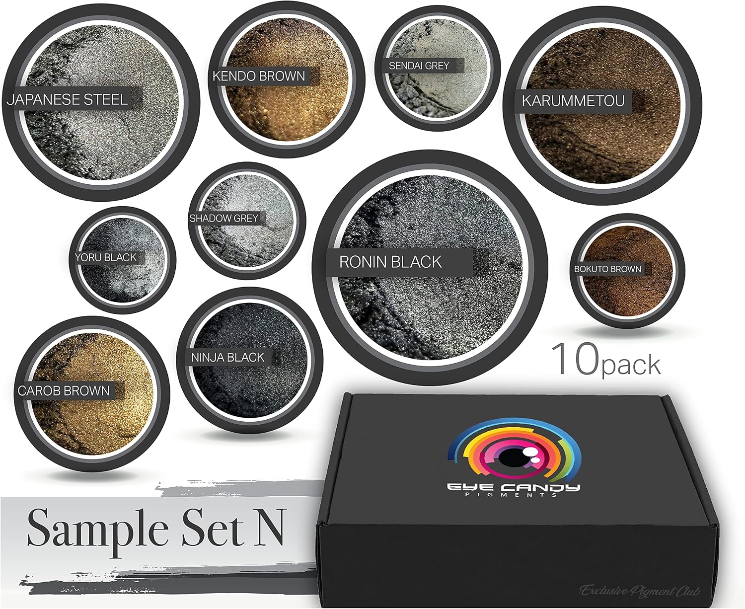 Eye Candy Mica Powder - Black Brown Grey Pigment 10-Pack Set N - Colorant for Epoxy - Resin - Woodworking - Soap Molds - Candle Making - Slime - Bath Bombs - Nail Polish - Cosmetic Grade - Non-Toxic
