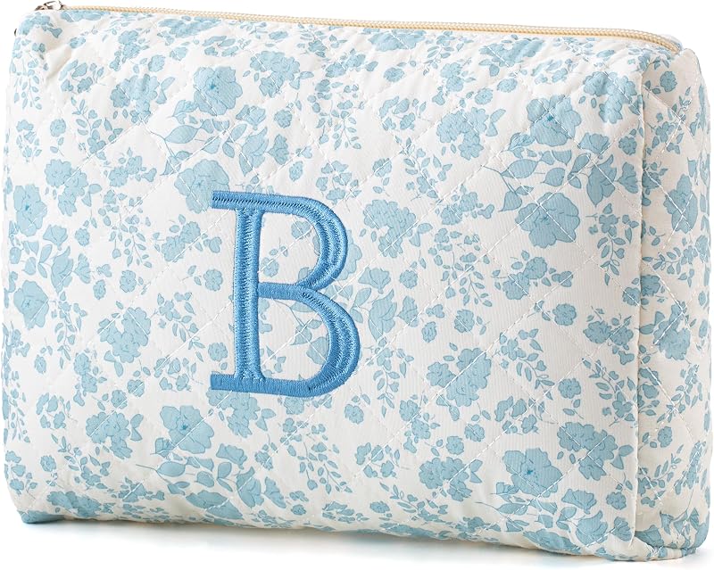 Necessaire de maquiagem HBselect com inicial, algodão matelassado e zíper, estampa Medium Blueflower, 1 unidade