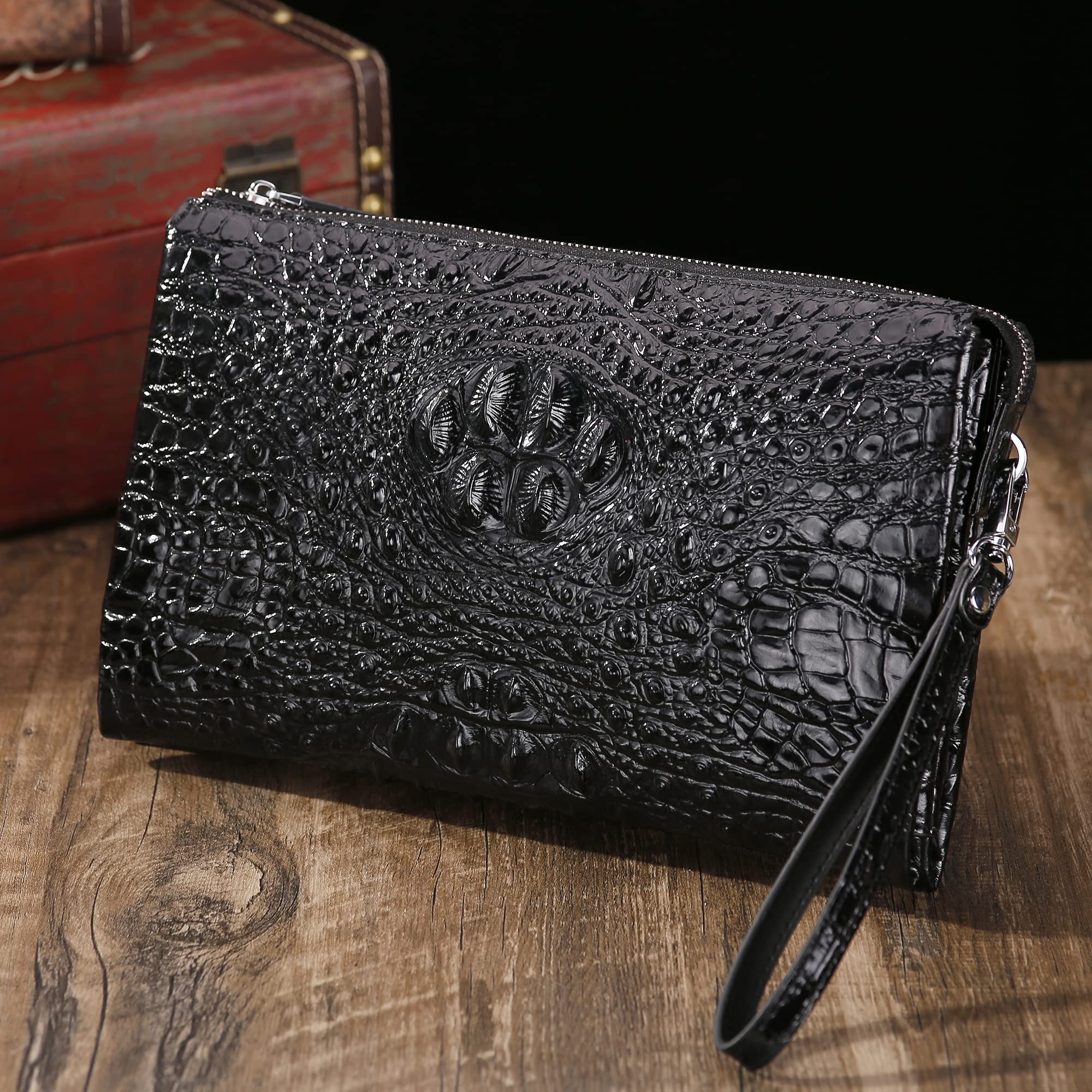 Pochette da uomo in vera pelle borsa da polso borsa busta borsa coccodrillo goffrato portafogli con cerniera personalizzata…, nero-02, grande,, Nero-02, Large