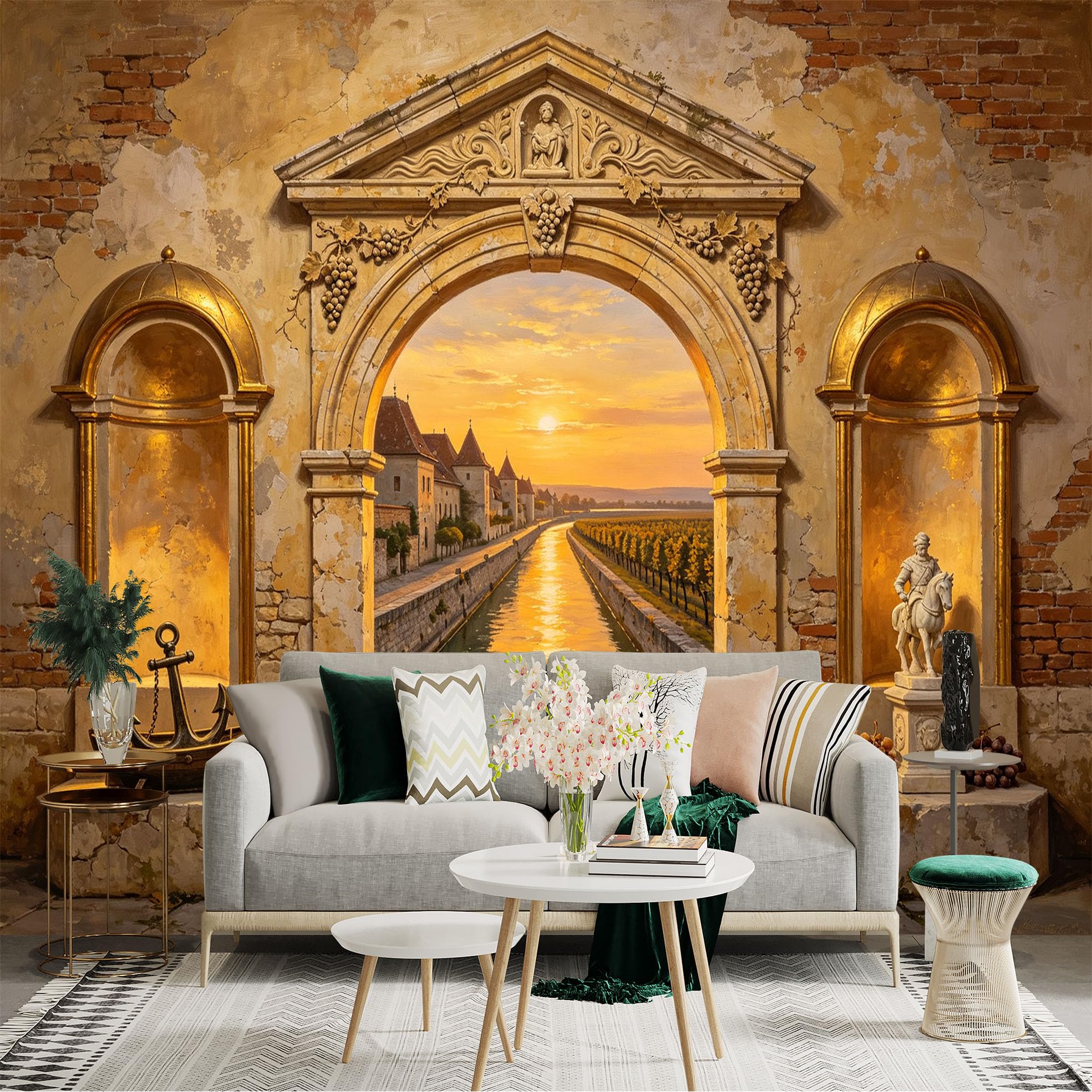 Custom Size Wall Sticker Mural， Vintage Canal Sunset Archway， Rustic Stone Wall， Mediterranean Village Landscape， for wall Decoration， peelandstick wall Decals.