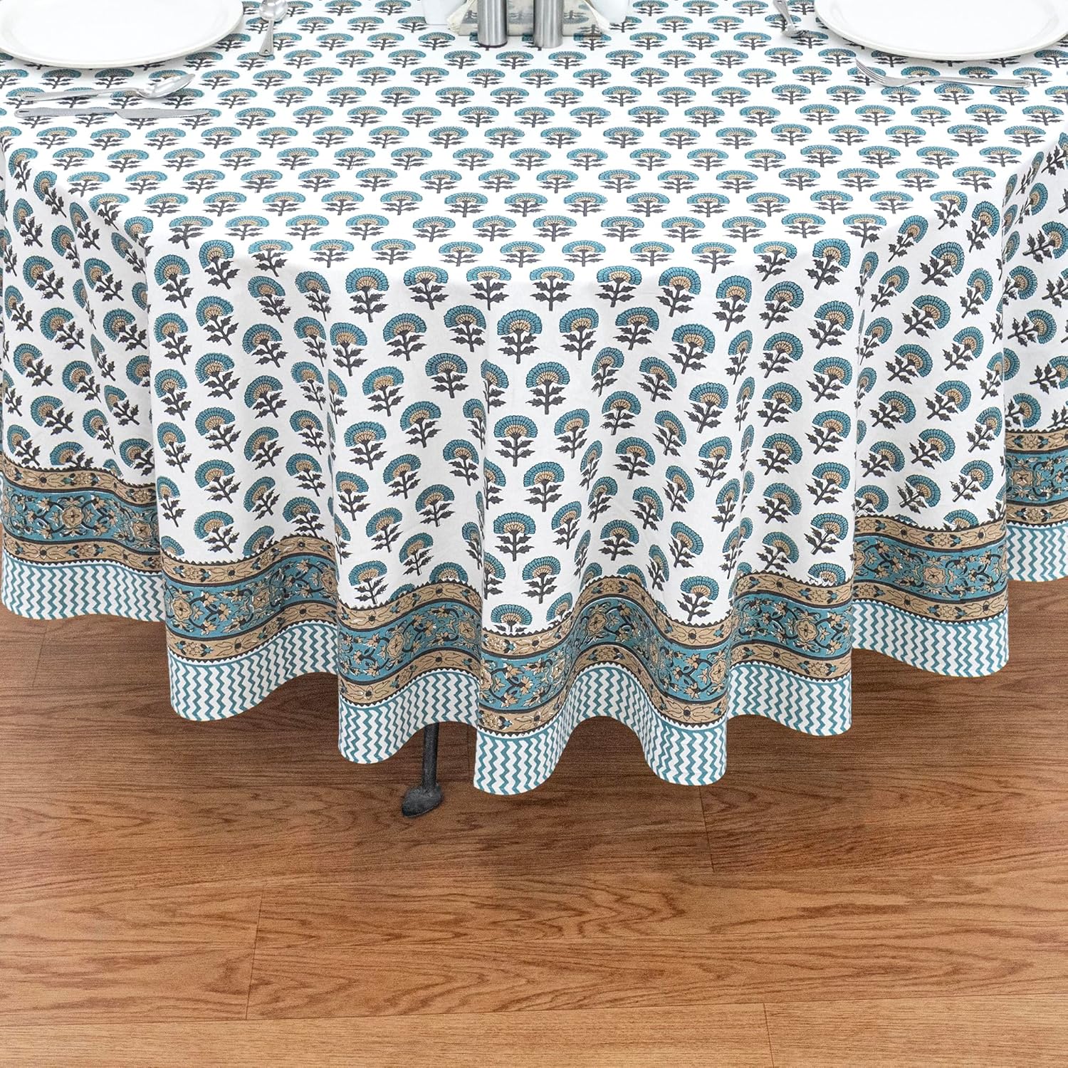 60 Inches Round Hand Block Printed Cotton Tablecloth, Blue Yellow Floral Table Cloths Washable, Indian Table Linen Home Decor Dinning Outdoor - Image 7