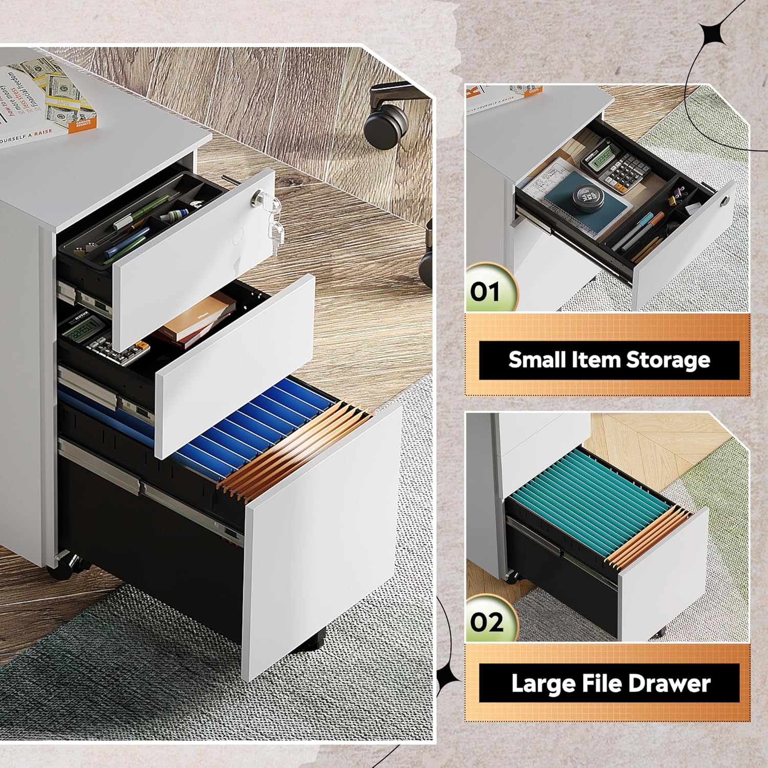 DEVAISE 3 Drawer Vertical File Cabinet with Lock, Under Desk Mobile Metal Filing Cabinet for Home Office Fit Legal/Letter/A4 File, Fully Assembled Except Wheels, White