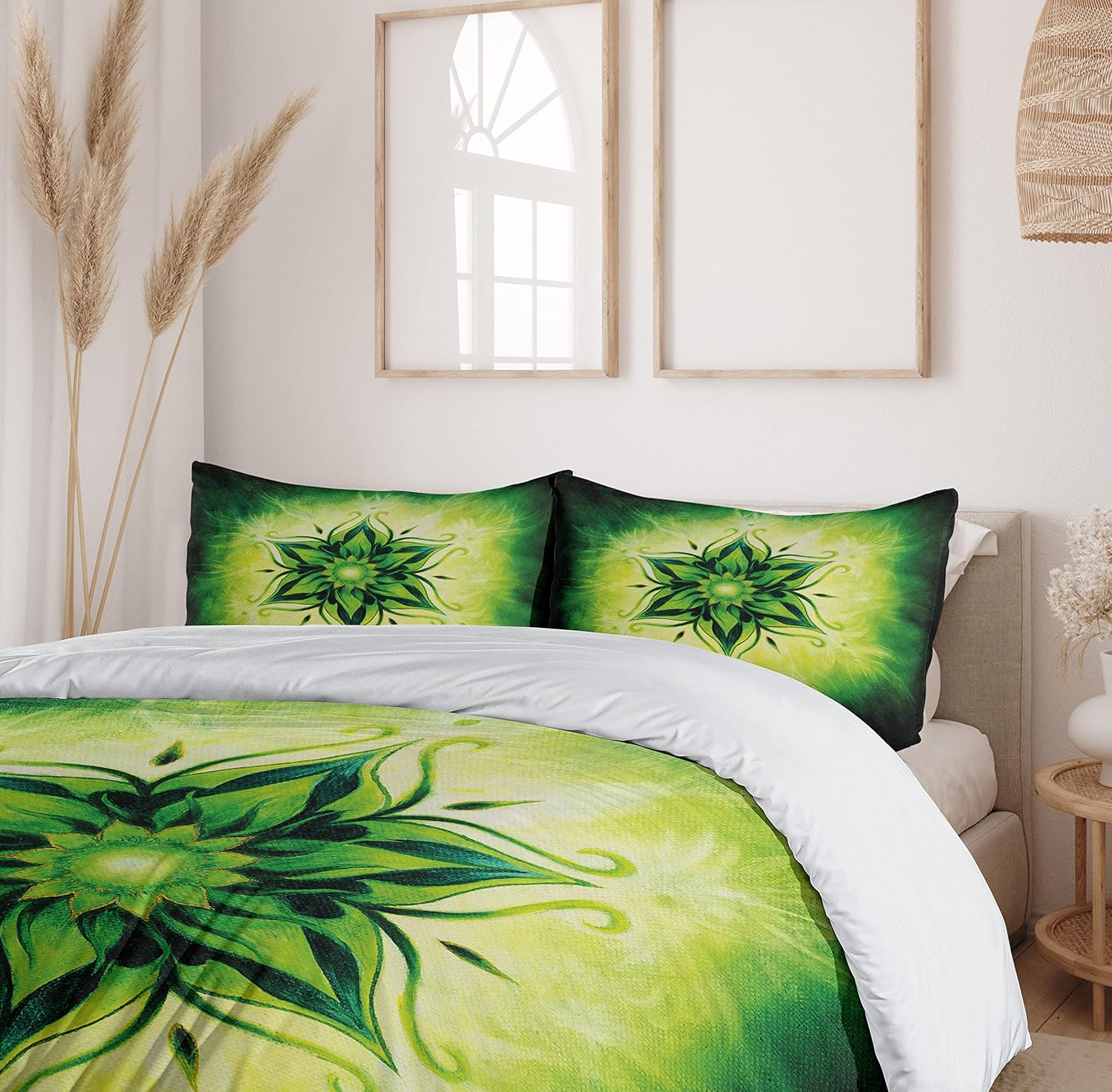 Ambesonne Lotus Duvet Cover Set, Psychedelic Floral Mandala Digital Image, Decorative 2 Piece Bedding Set with 1 Pillow Sham, Twin Size, Emerald Lime Green Twin Emerald Lime Green