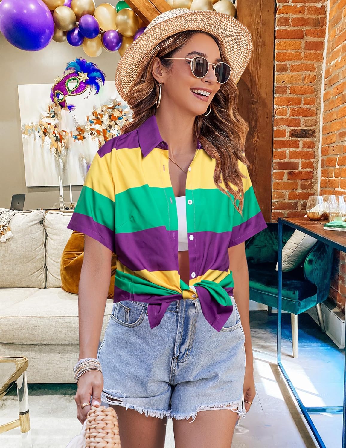 Mardi Gras Shirts Fat Tuesday Outfit: Women Carnival Themed Mask Tee Party Holiday T-Shirt Purple Button Up Tops - Image 3