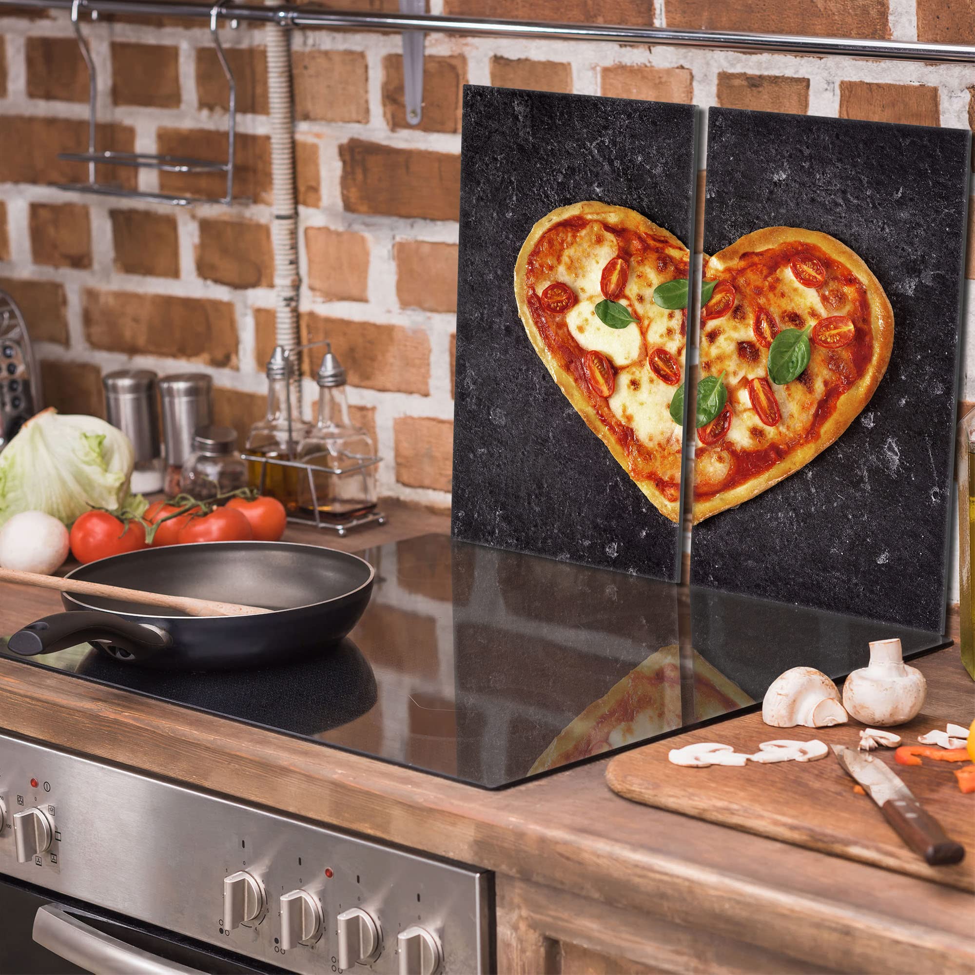 Tabla de cortar decorativa de cristal templado y cubre vitro, Placa protectora de vitrocerámica 30 x 52 cm 2 piezas, para inducción, protección contra salpicaduras, decoración, CORAZÓN
