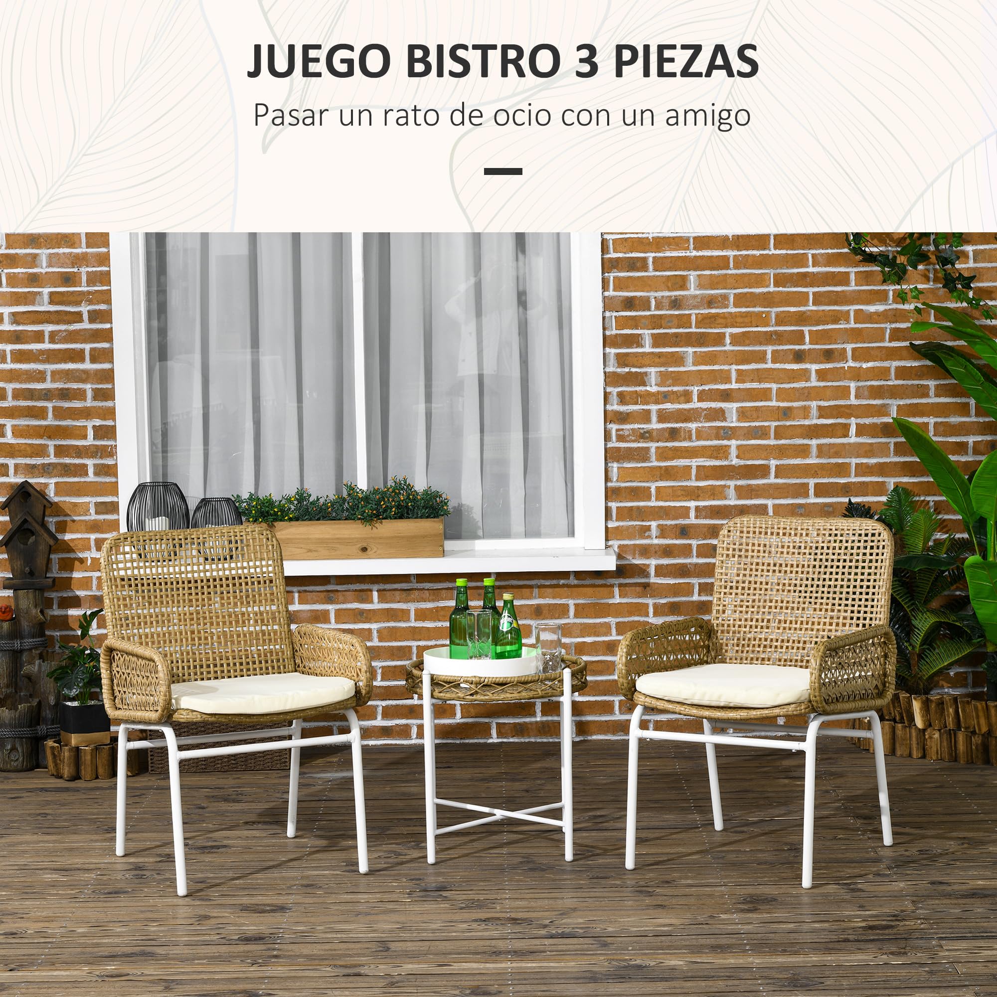 Outsunny Conjunto de Muebles de Jardín Juego de 3 Piezas Ratán Natural | Sillas y Mesa, 2 Sillas, 1 Mesa de Centro, Cojines, para Terraza Patio