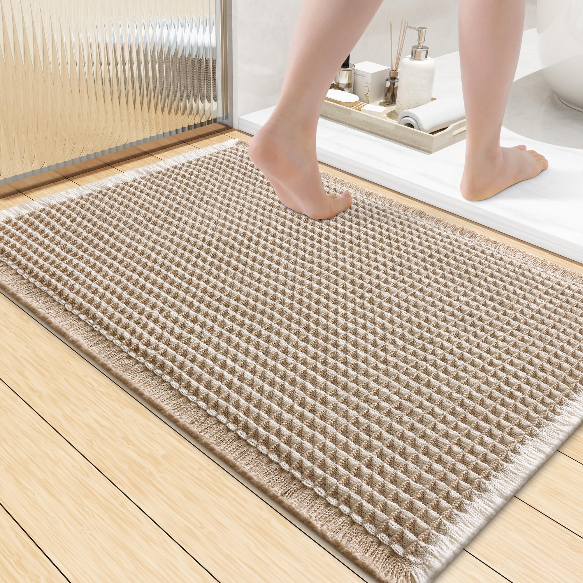 Smiry Waffle Bath Mat 36X24, Soft Absorbent Bathroom Rugs, Brown &amp; Cream
