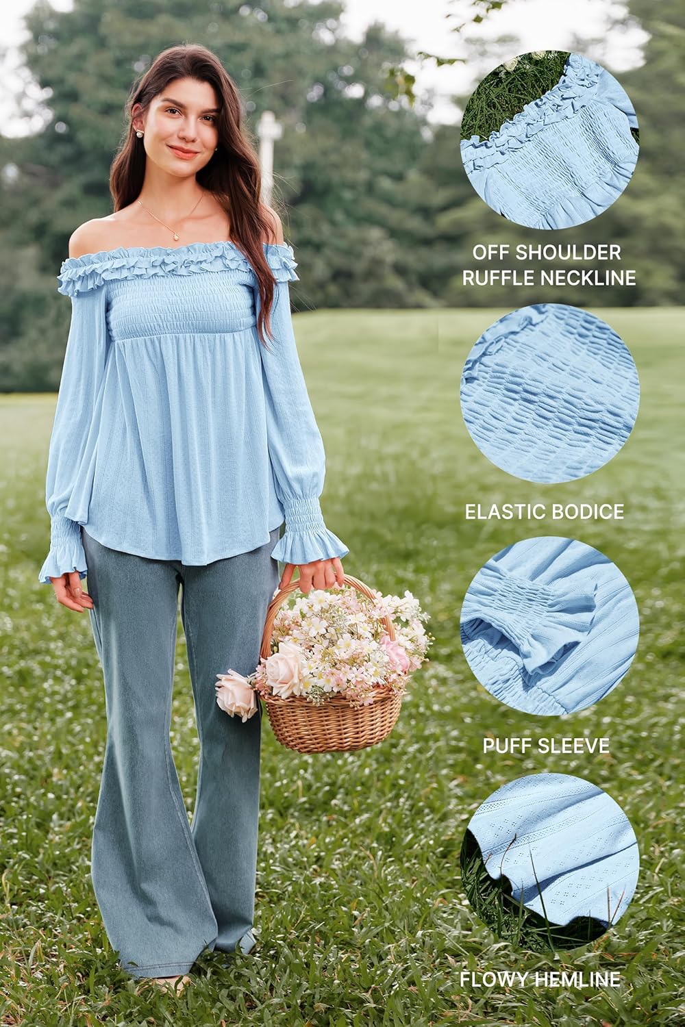 OUGES Womens Cotton Blend Off The Shoulder Maternity Tops Smocked Ruffle Sleeve Blouse Going Out Pregnancy Shirts 2025 - Image 6