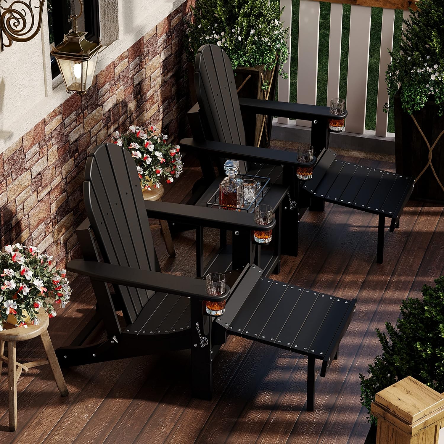 Sundale Outdoor Folding Plastic Adirondack Chair with Footrest 2 Cup Holder on Armrest, Fade and Rust Resistant HDPE, Heavy Duty Perfect for Outside Porch Patio Garden Pool Yard Black