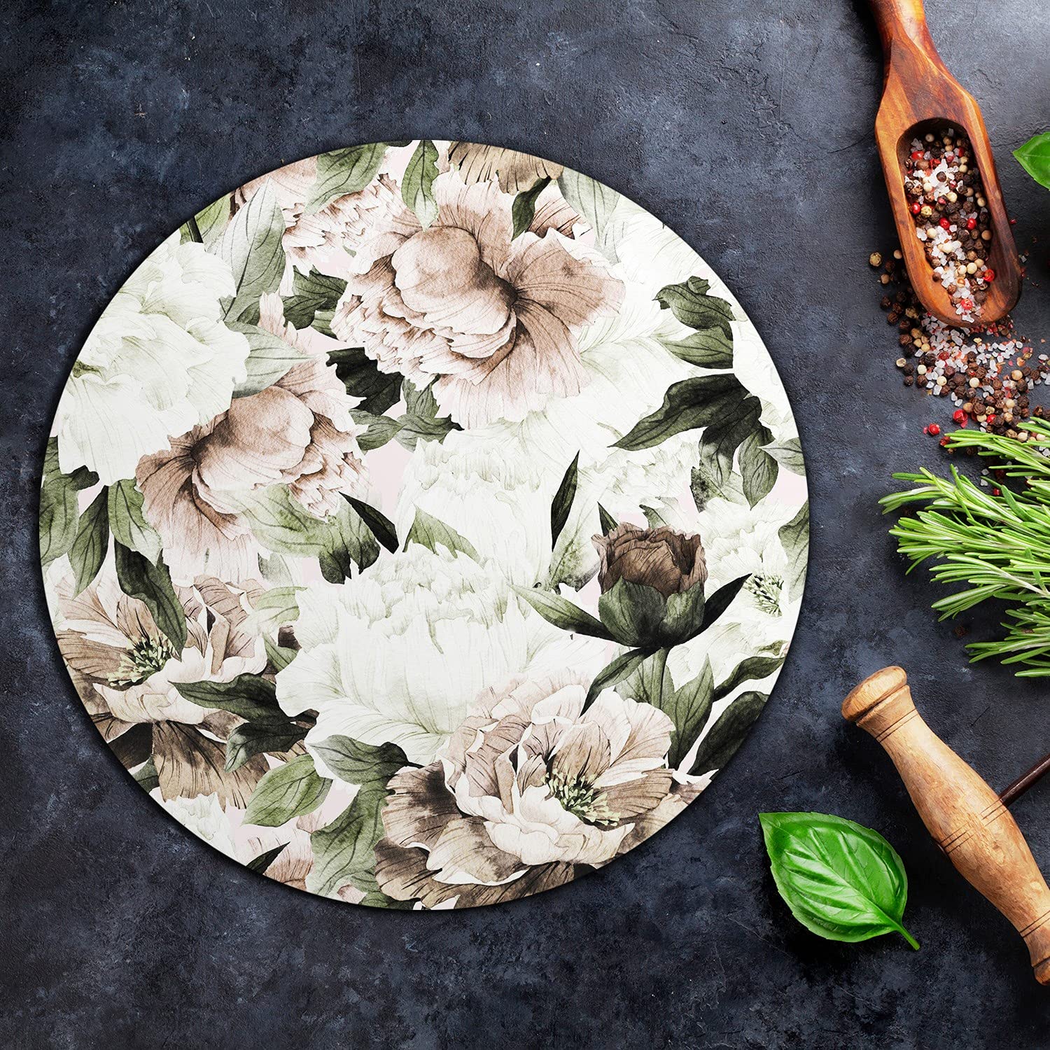 Coloray Planche À Découper Protection Plaque Tapis de Découpe Rond ⌀ 40 cm Induction Cuisson Verre Trempé - Couverture pivotement pivotement bouquet de blush floral floral