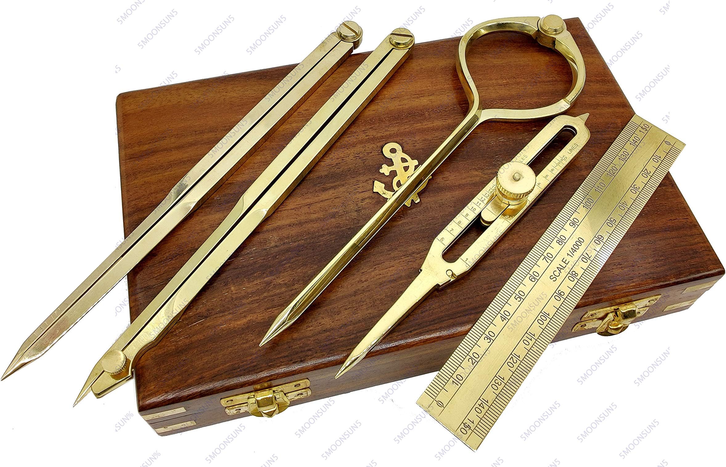 Proportional Divider Set of 5, Full Brass dividers with Executive Wooden Box, Single Handed 8" Brass Navigational Dividers Compass Set for Maritime, Naval, Geometry and Drafting
