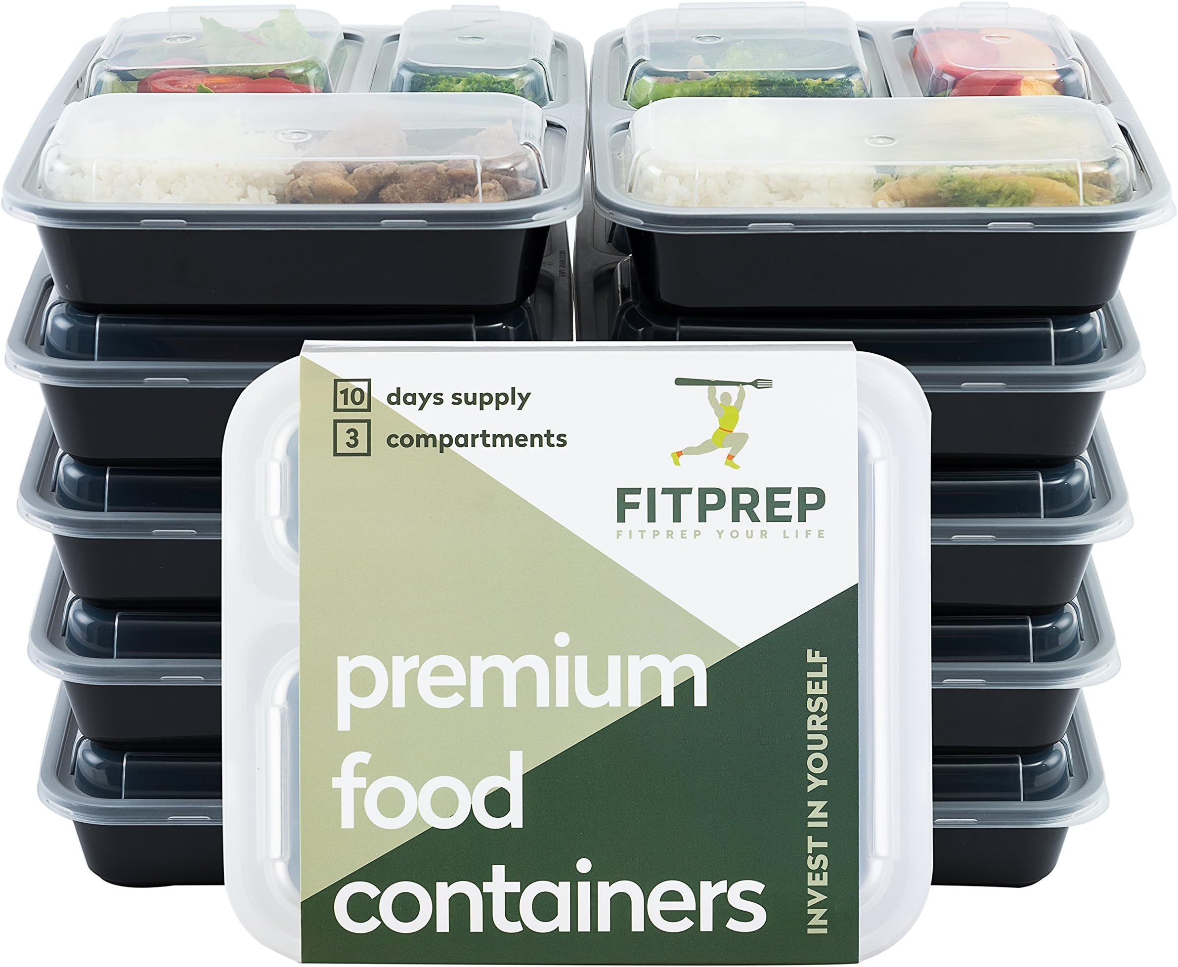 Pack of 10 Fitprep® Triple Meal Prep Containers, Strong, Reinforced, High-quality, Compact, Space-saving and yet 1 Litre Capacity | Model:FP31-N
