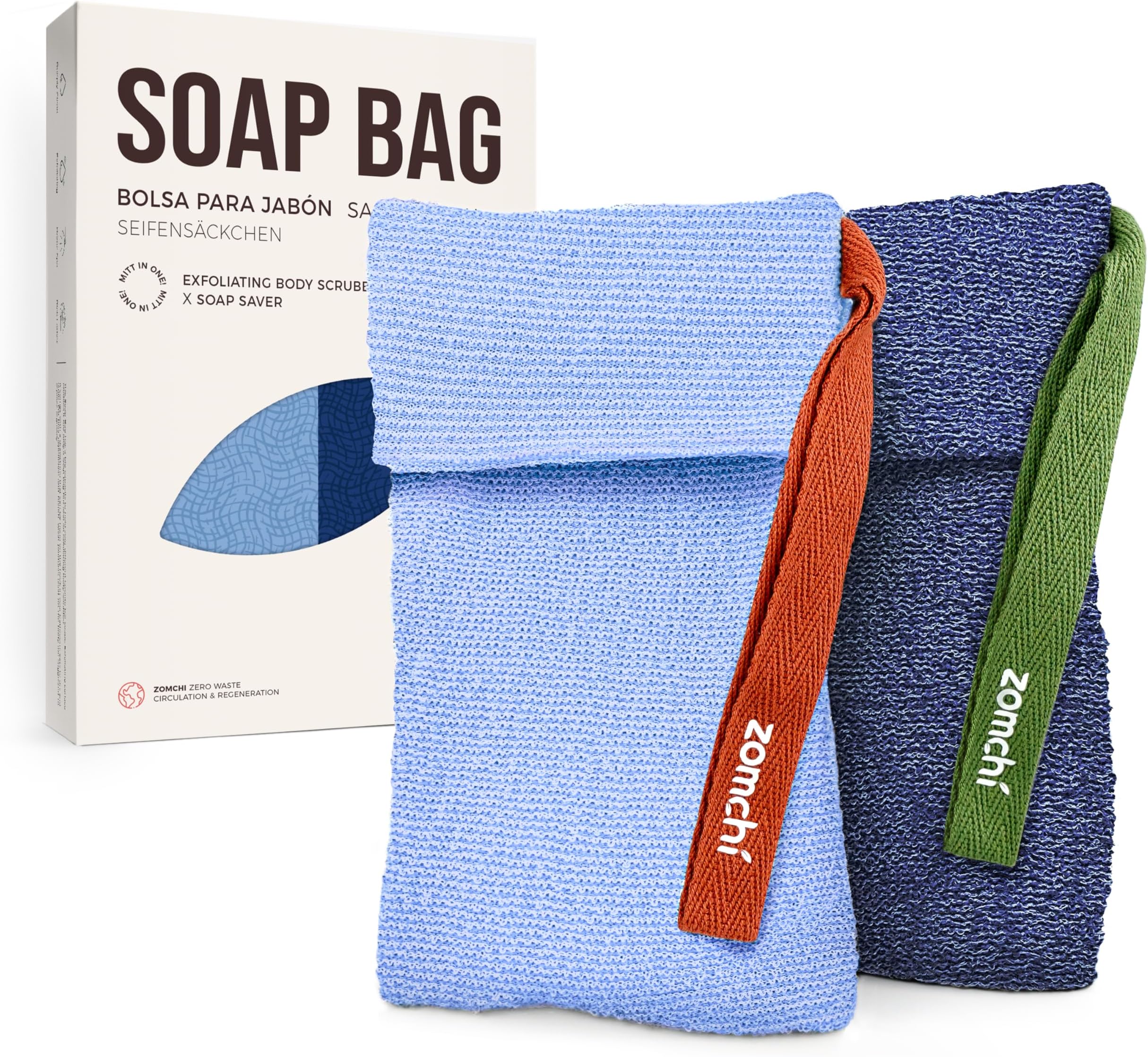 ZOMCHI 2-Piece Soap Bags with Different Roughness, Exfoliating Soap Saver Bags for Body Wash (Blue)