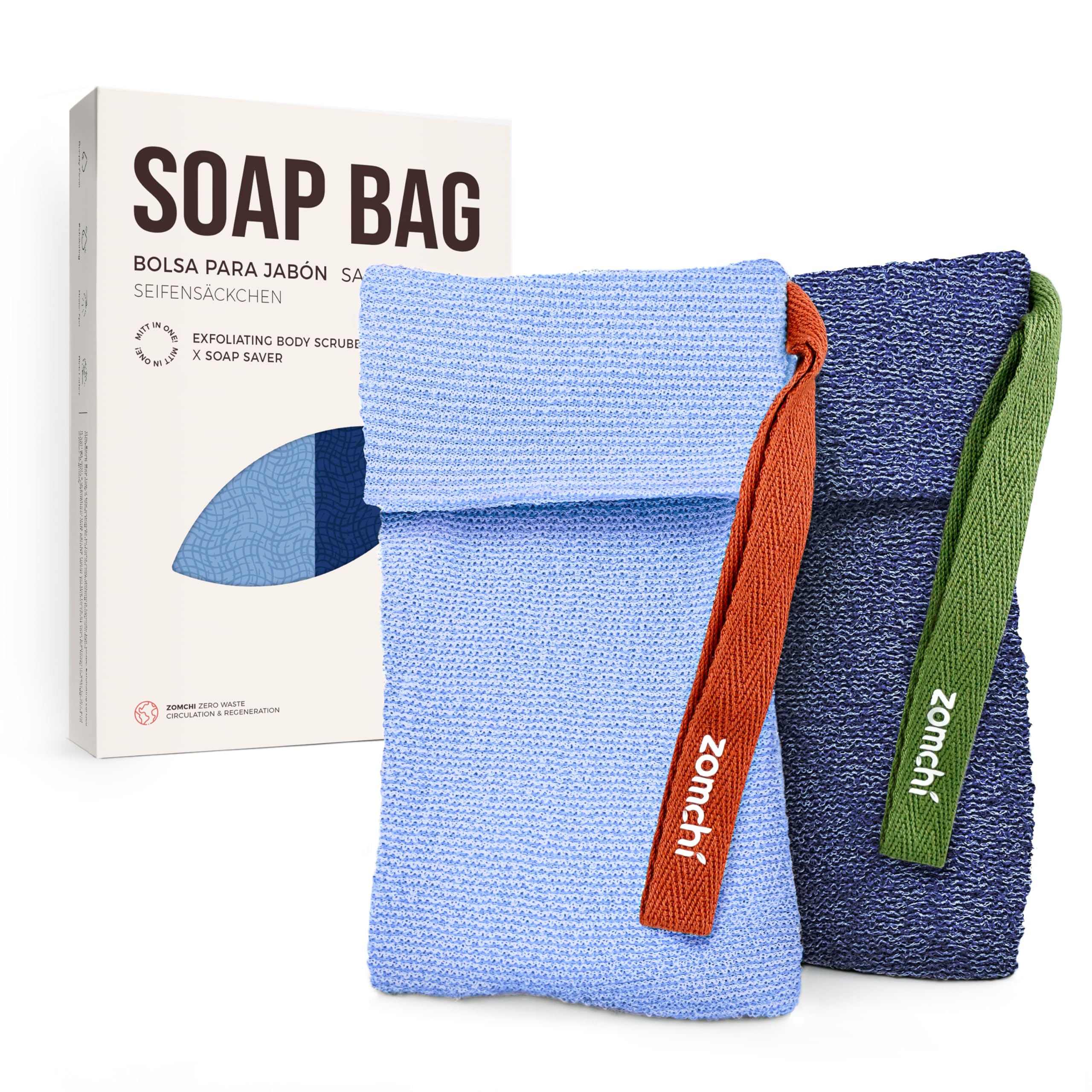ZOMCHI 2 Pieces Soap Bags for Soap Bars with Different Roughness, Exfoliating Soap Saver Bags, Soap Pouch for Body Wash (Blue)