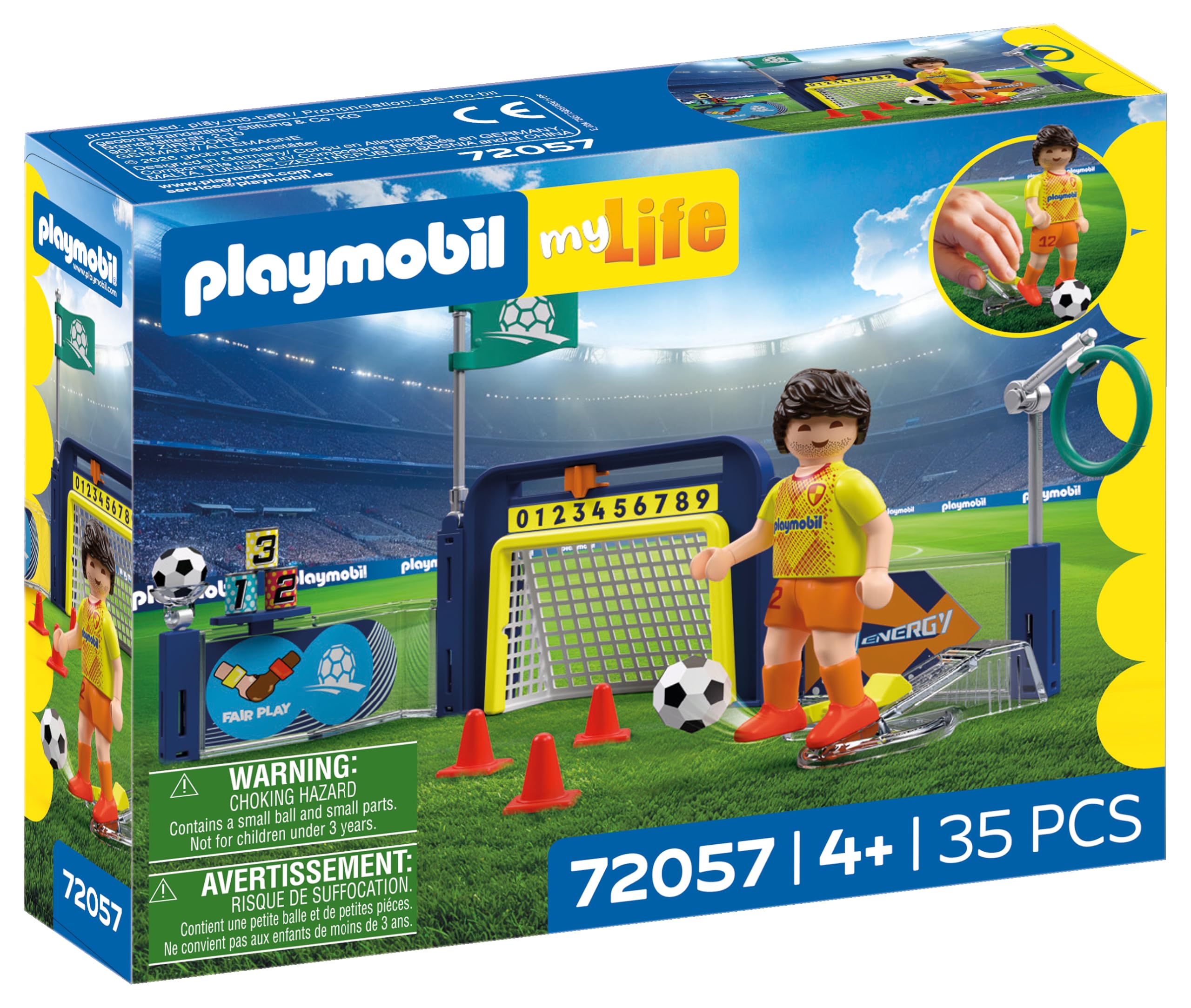 Overall view of the Playmobil Soccer Training Station set on a green field background. Includes the player figure, goal, target cans, adjustable ring, and cones.
