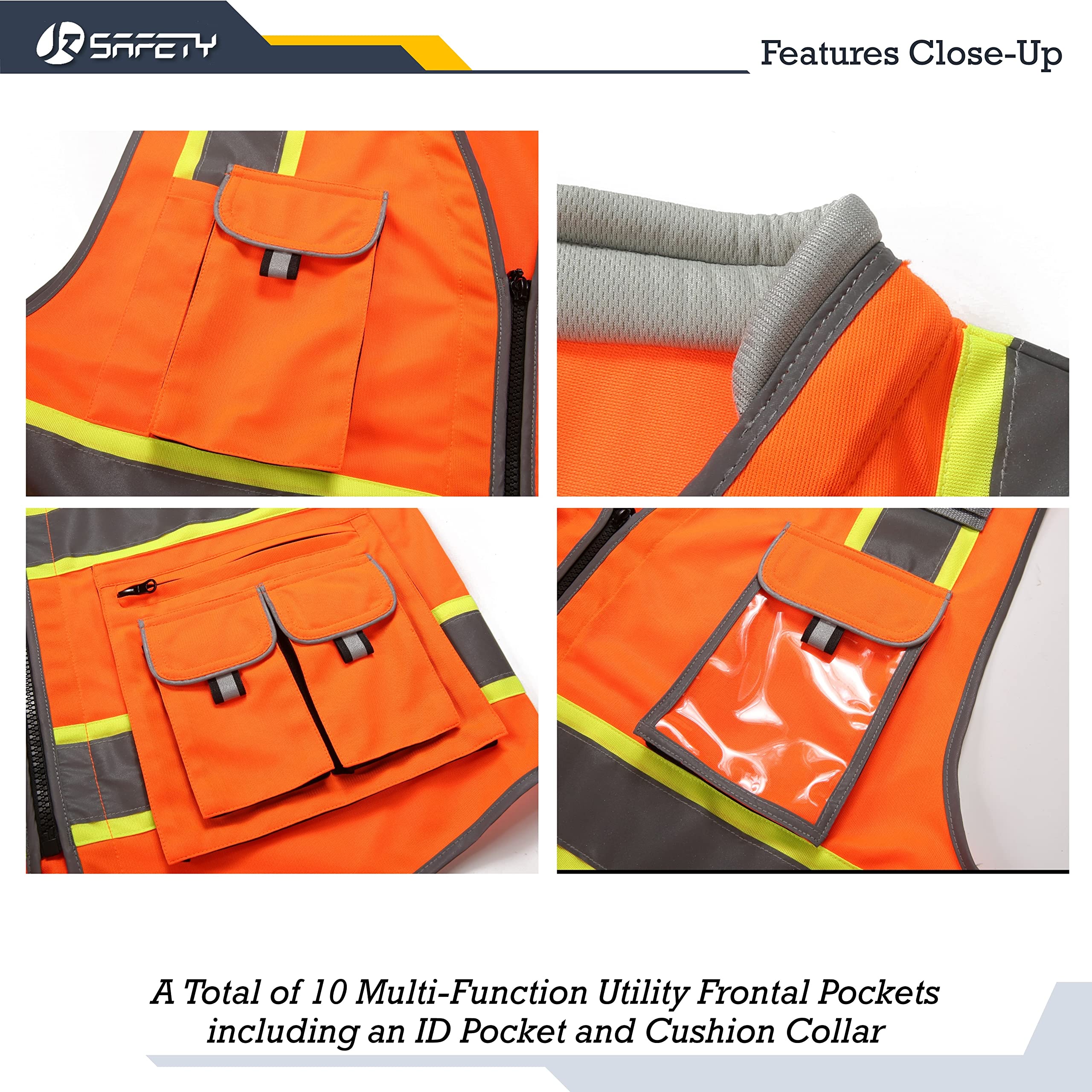 JKSafety Gilet de sécurité haute visibilité avec 10 poches pour hommes et femmes avec fermeture à haute visibilité ANSI/ISEA Classe 2, Oranget1s1, L, Orange 1s1, L