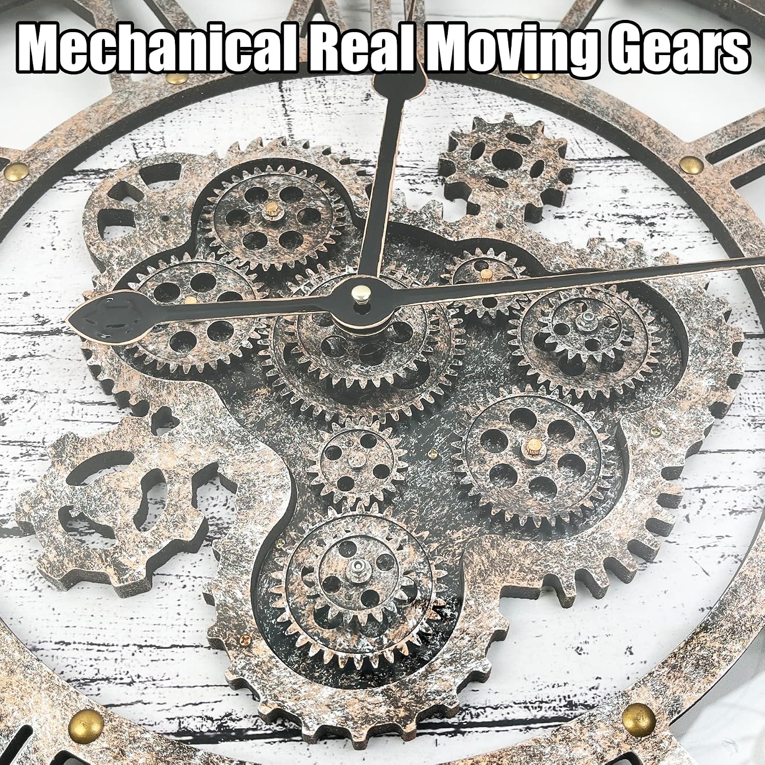 24" large wall clock with moving gears,oversize vintage industrial rustic farmhouse clocks for living room decor office home,solid wood hd tempered glass cover,white grey 60cm / 24 inch white grey
