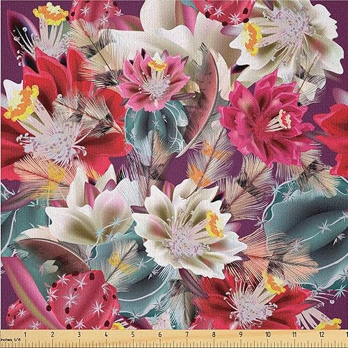 Miniatura 32 de Ambesonne The Yard, tela de plumas de pavo real, diseño retro ondulado de colores ondulados en la parte trasera morada, tela de microfibra para