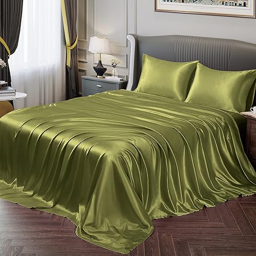 Vista 9 de Vonty Satin Sheets King Silky Soft Satin Bed Sheets Amber Beige Sheet Set, 1 Deep Pocket Fitted Sheet + 1 Flat Sheet + 2 Pillowcases