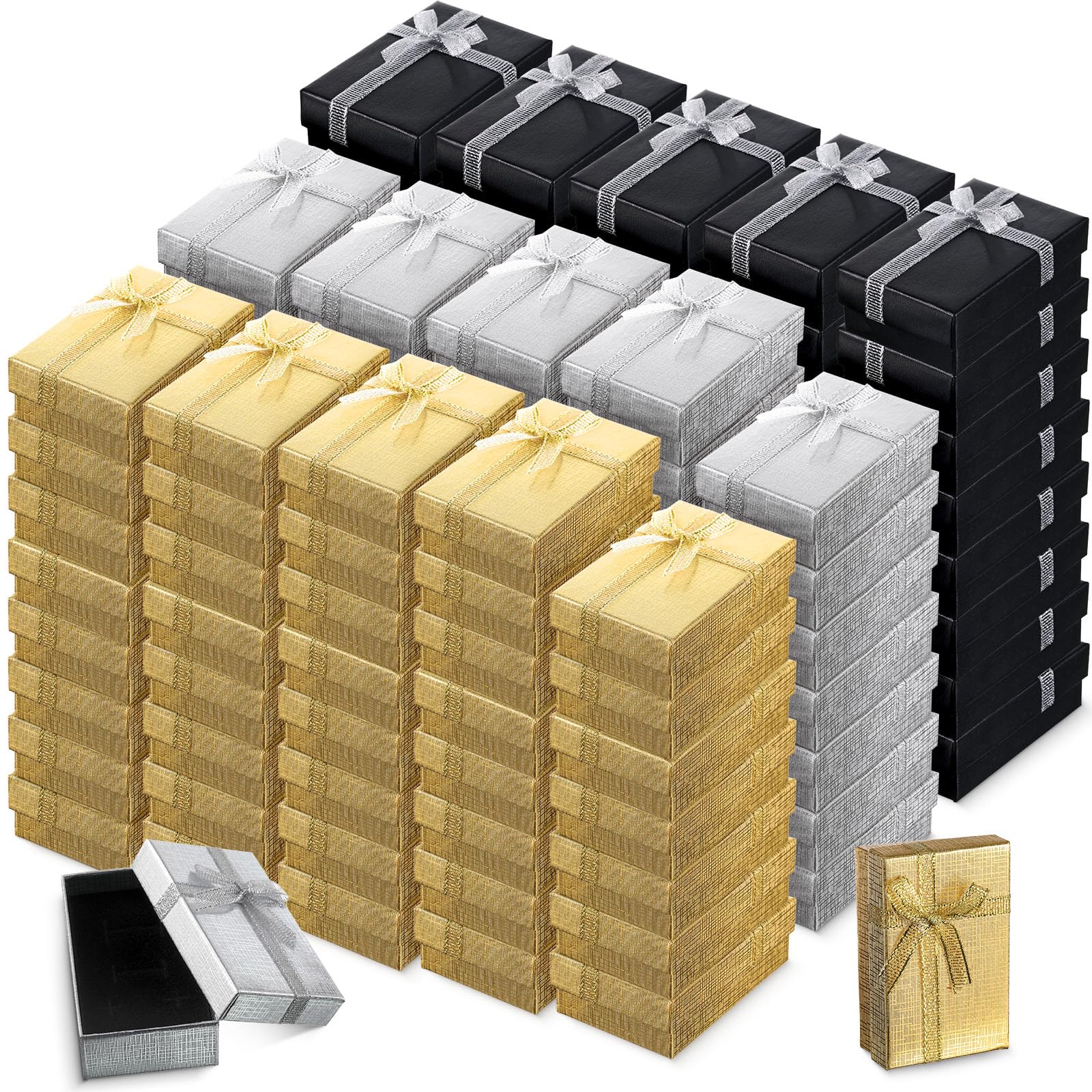 Resurhang 120 Stück Weihnachts-Geschenkboxen für Ringe, Schmuck-Geschenkboxen, Ohrring-Box, Geschenk mit Deckel, Schleife, für Weihnachten, Jubiläen, Geschenke, 5,1 x 7,9 x 2,8 cm, 3 Farben