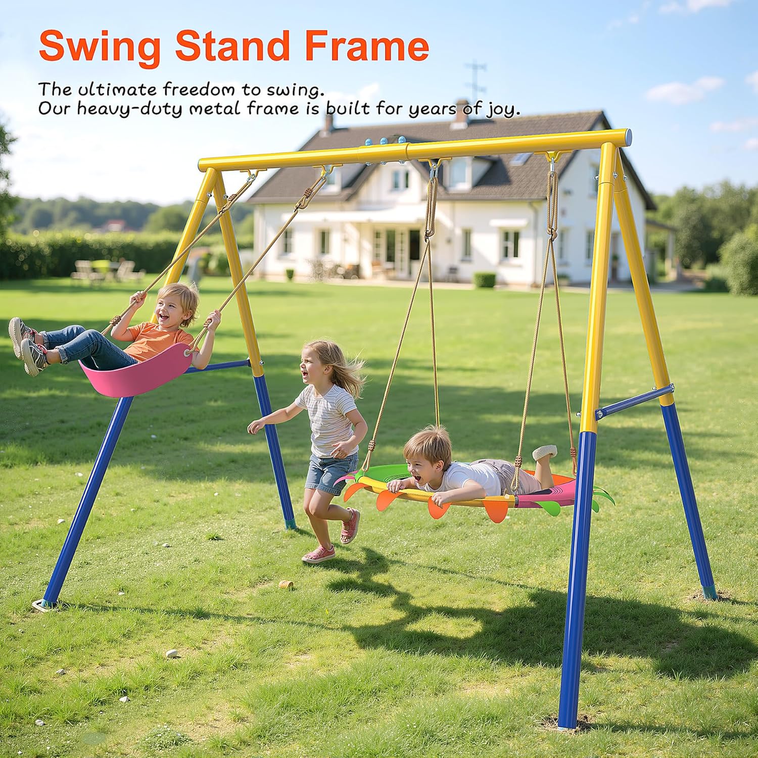 Heavy-Duty Steel Swing Stand for Outdoor, 500lb Capacity Universal Swing Frame, Adult-Rated Anti-Tip Design for Porch/Backyard, Easy Tool-Free Assembly, Yellow(Swing Stand Only)