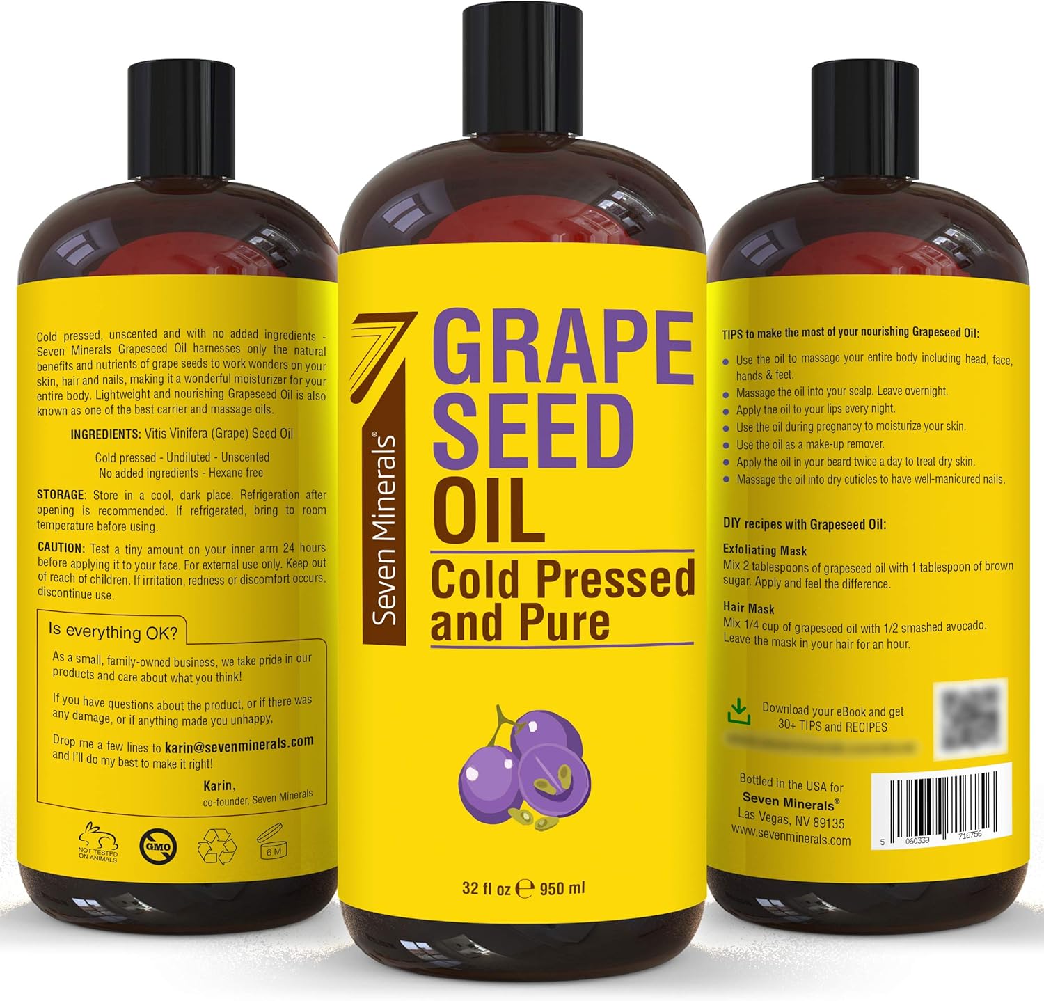 Seven Minerals Pure Cold Pressed Grapeseed Oil - Big 32 fl oz Bottle - Non-GMO, Hexane Free, Natural & Lightweight Grape Seed Oil for All Skin Types & Hair, Perfect for Massage Therapy & Aromatherapy