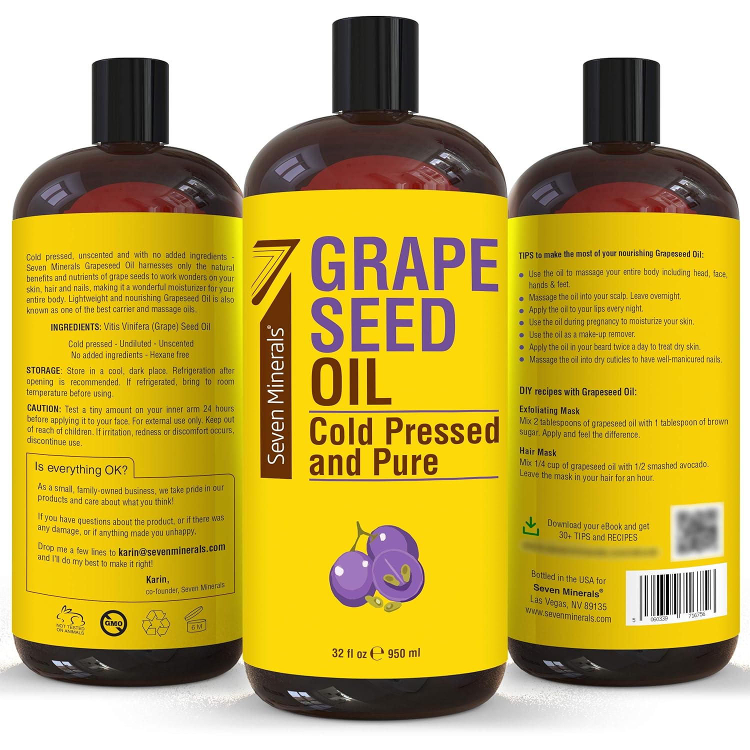 Pure Cold Pressed Grapeseed Oil - Big 32 fl oz Bottle - Non-GMO, Hexane Free, Natural & Lightweight Grape Seed Oil for All Skin Types and Hair - Perfect Carrier Oil for Massage Therapy & Aromatherapy : Health & Household