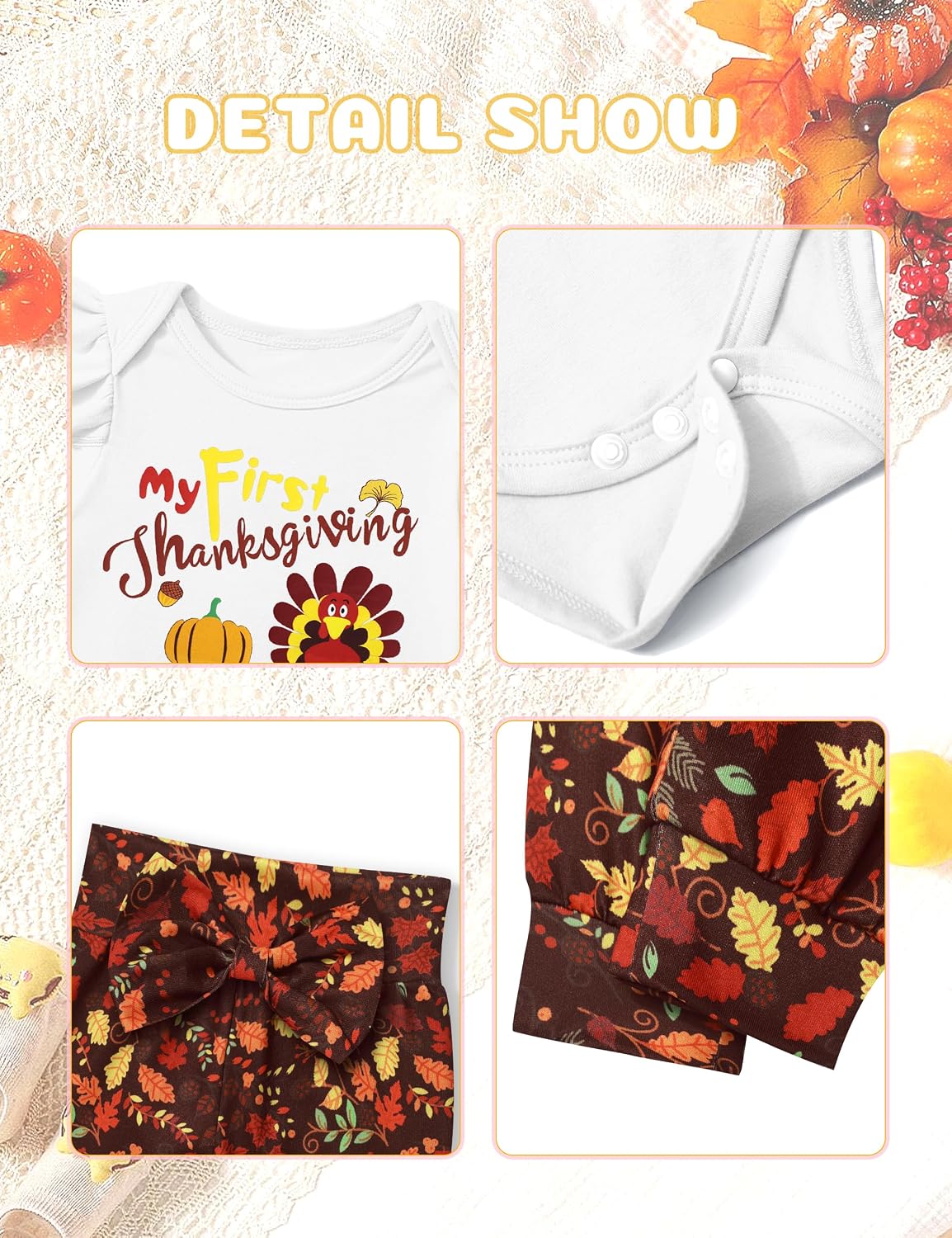 My First Thanksgiving Baby Girl Outfit Ruffle Long Sleeve Turkey Print Thanksgiving Baby Girl Outfit