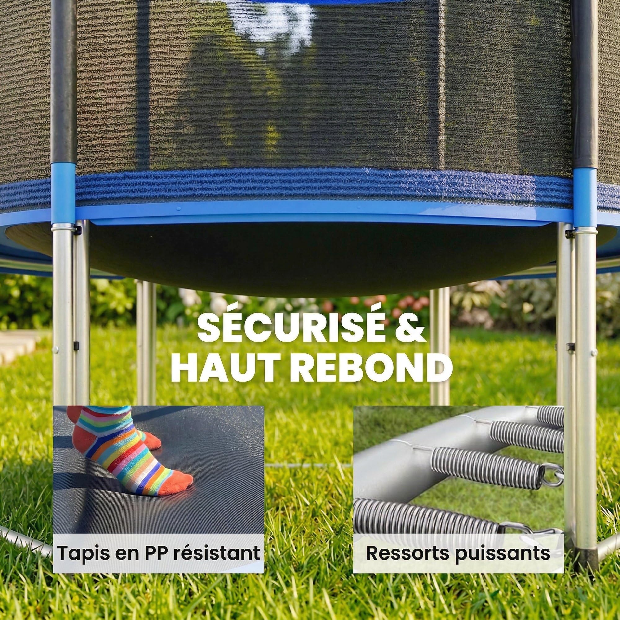 SPORTNOW Trampoline Extérieur Ø183cm pour Enfants et Adultes - Trampoline de Jardin Hauteur 2m avec 6 Poteaux au Sol Ultra Stables - Charge 80kg, 36 Ressorts, Échelle et Protection XXL 25cm, Bleu