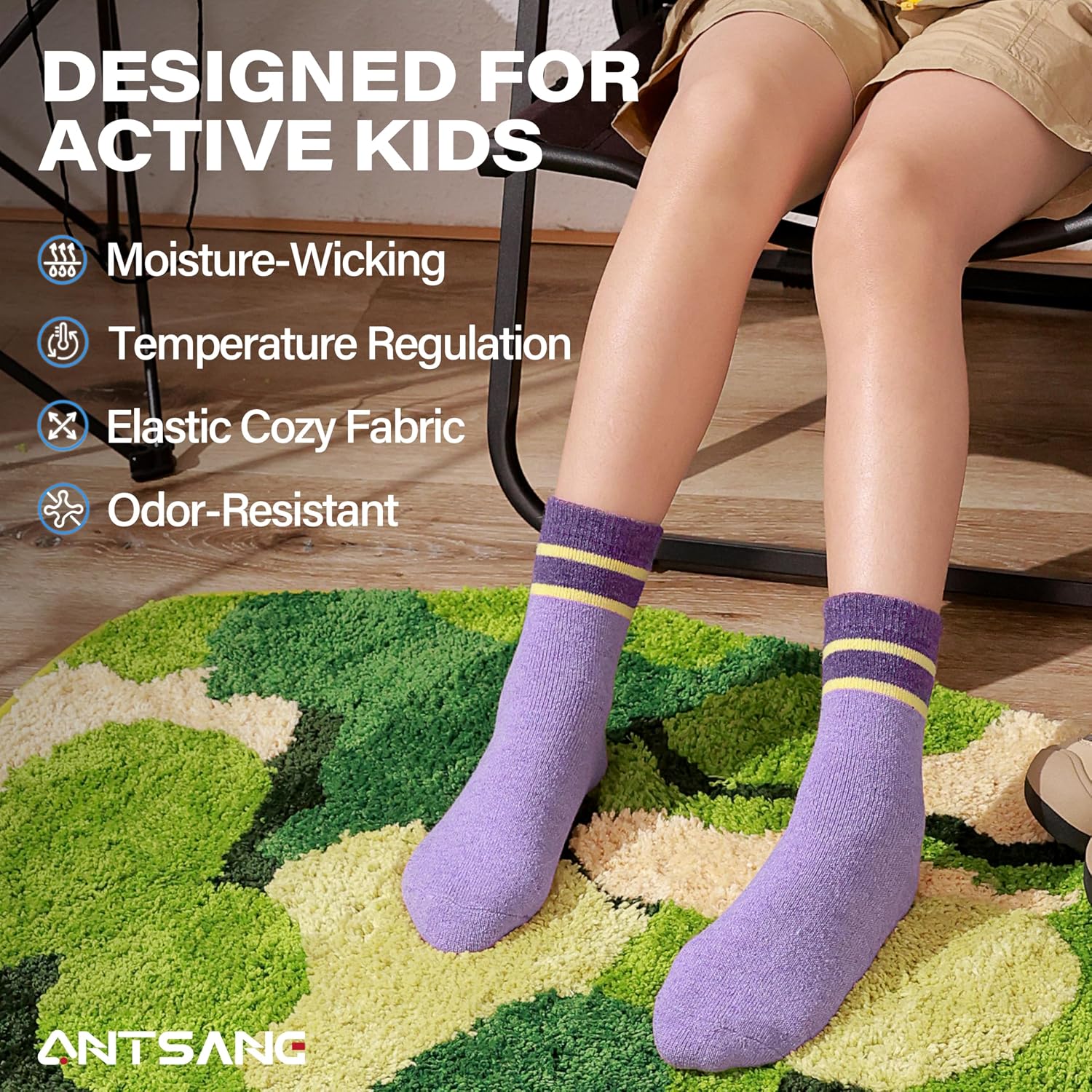 ANTSANG Kids Wool Socks, Thermal Crew Boot Socks for Toddlers Boys Girls