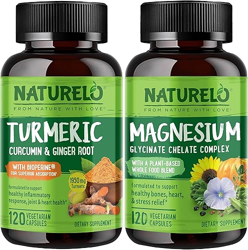 NATURELO Curcumina tumérica, soporte articular a base de plantas, glicinato de magnesio, 200 mg de magnesio, sin gluten, sin OMG, 120 cápsulas