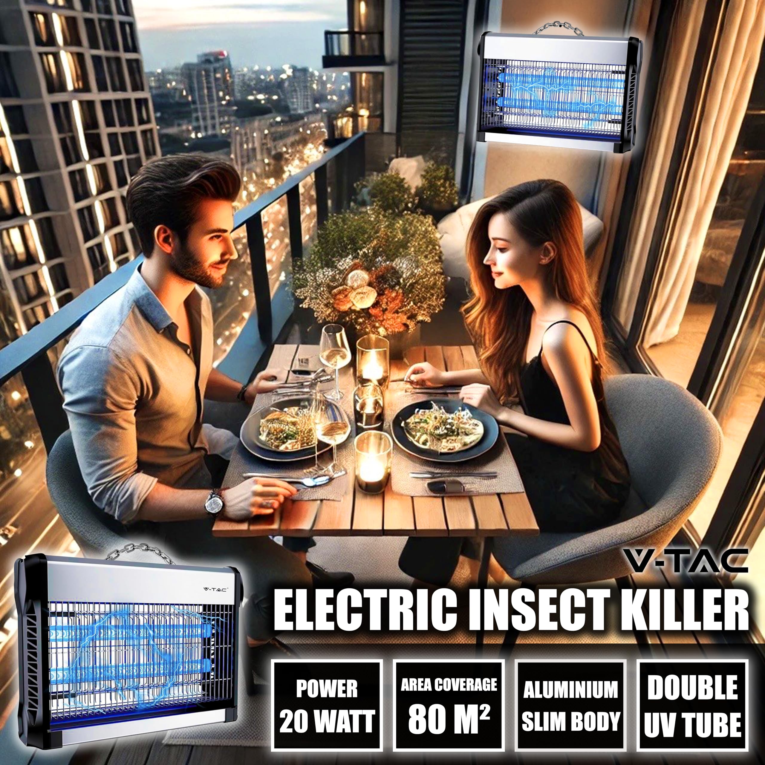 V-TAC 11180-A Zanzariera Elettrica 20W con Area di Azione 80 m², con Luce Blu UV per Uso Interno ed Esterno, Alluminio