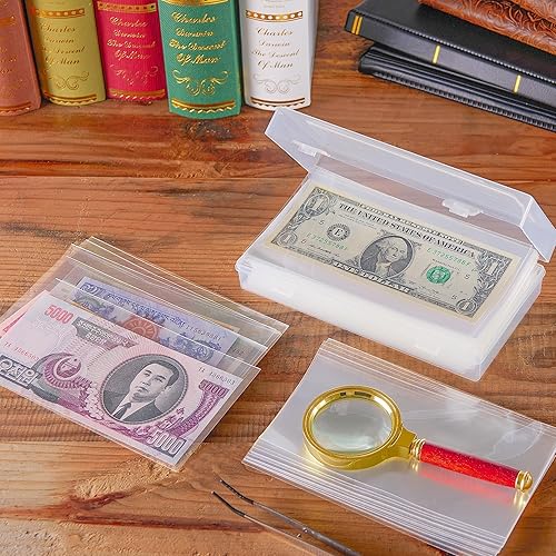 Miniatura 6 de 200 piezas de billetes de dólar con caja de almacenamiento, fundas de papel transparente para moneda y soporte para recolección de dinero, fundas