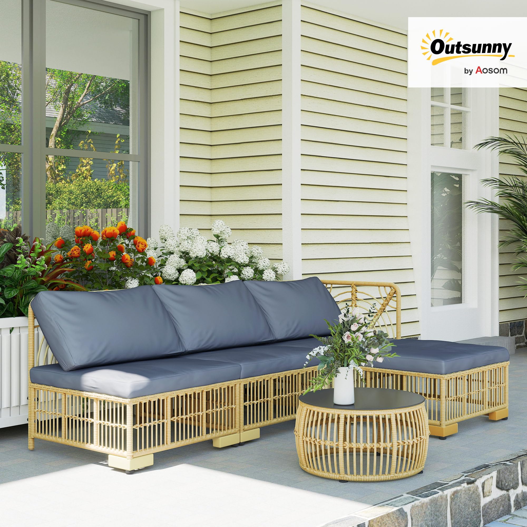 Outsunny Salotto in Rattan per Esterno da 5 Pezzi, Salottino da Giardino con Divano Modulabile, Cuscini e Tavolino da Caffè con Vetro, Grigio