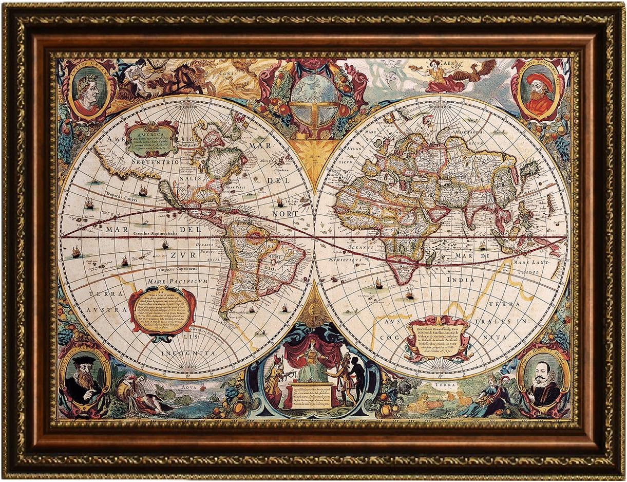 Eliteart-Old Vintage World Map Oil Painting Reproduction Giclee Wall Art Canvas Prints-Framed Size:39" x 28"
