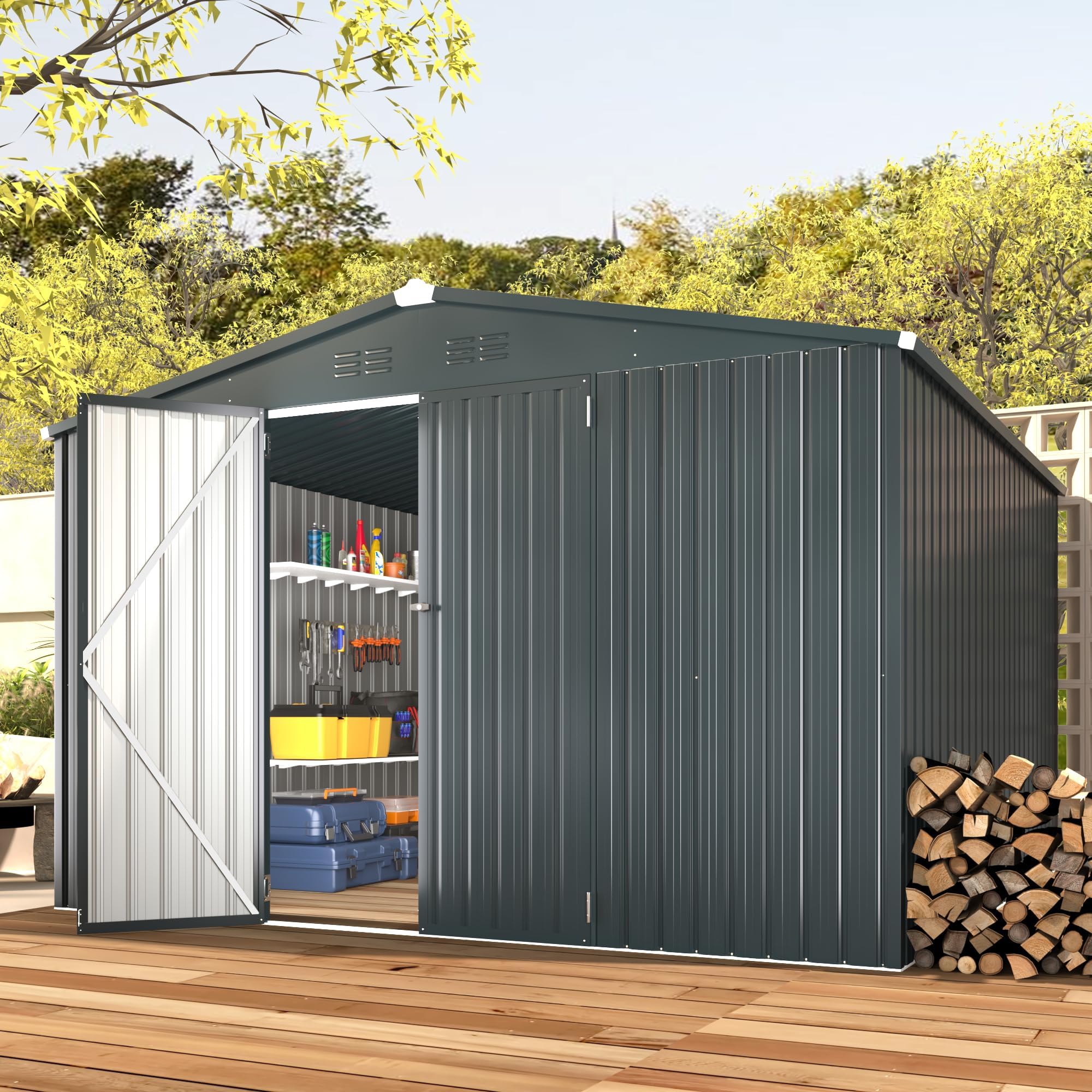 U-MAX Shed 10x10 Storage Shed, Large Metal Outside Garden Sheds & Outdoor Storage Clearance, Tool Shed Outdoor Storage Lockable for Backyard, Patio and Outside Use in Dark Grey