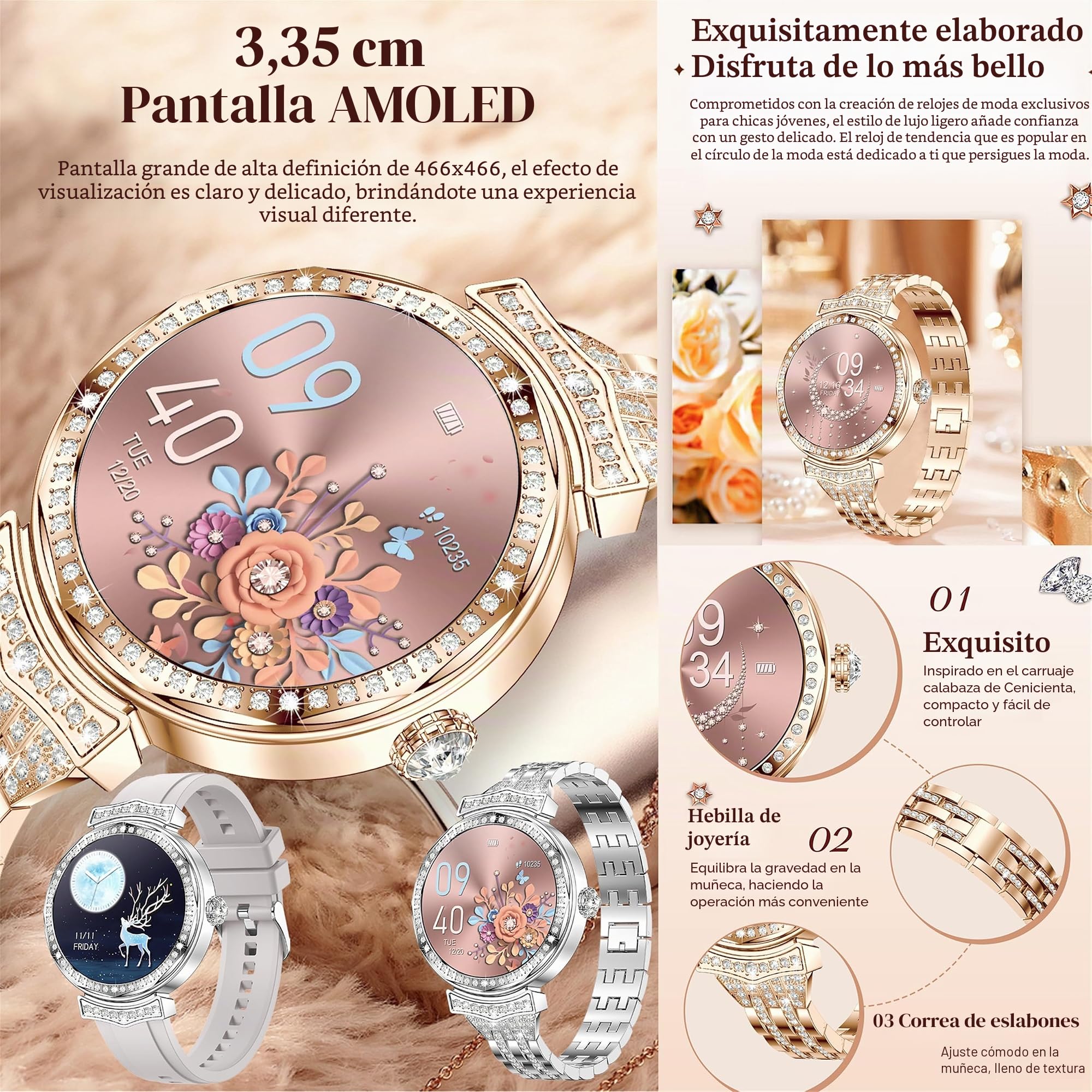 Reloj Inteligente Mujer con Llamadas, 1,32” AMOLED 5ATM Smartwatch Deportivo con Podometro Pulsometro SpO2 Sueño Presion Arterial Pulsera Actividad 5ATM Reloj para iOS Android, 3 Correas (plateado)