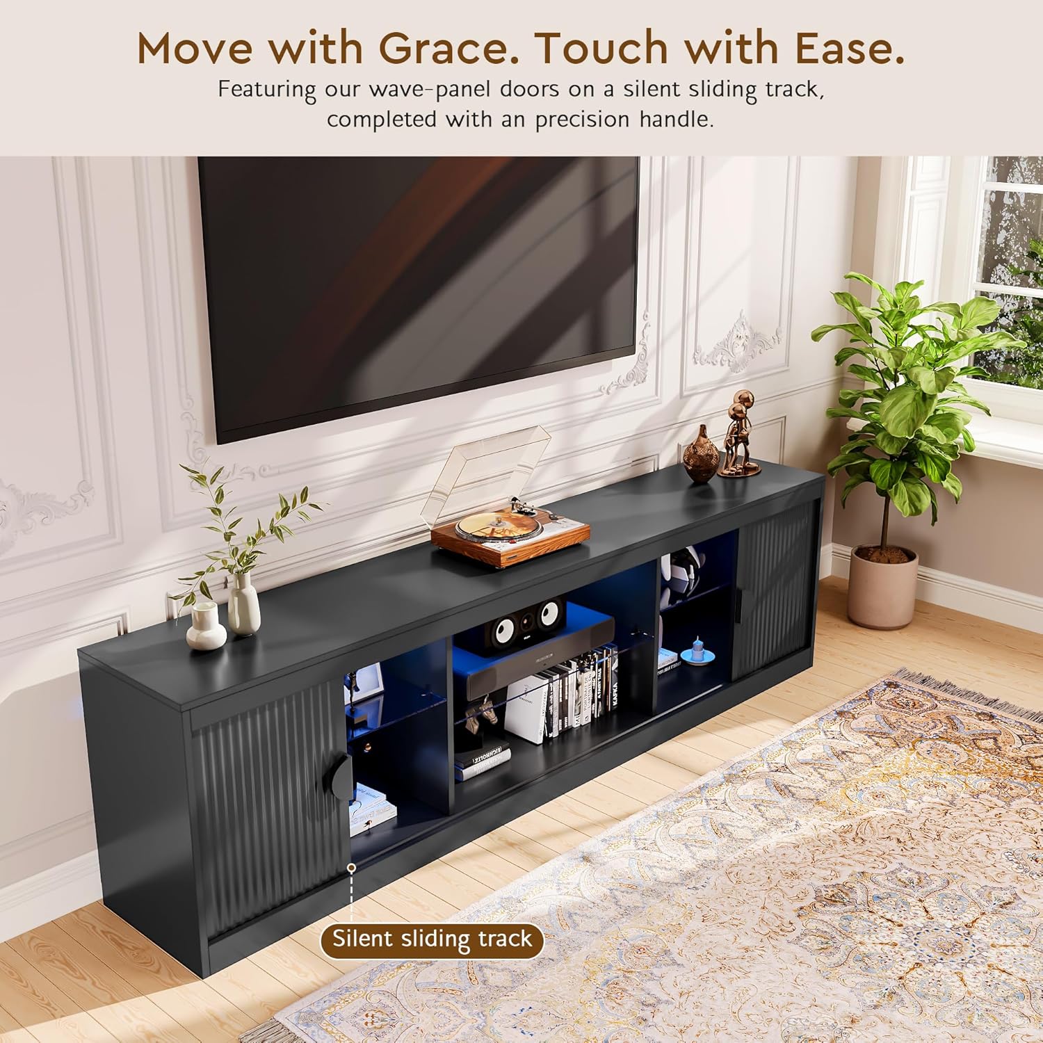 LGHM 70'' Black TV Stand with Lighting, Stylish Modern Entertainment Center with Slip Doors for TVs Up to 80”, Media Console for Living Room