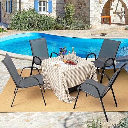 Miniatura 4 de Giantex Juego de 4 sillas de comedor para patio, silla apilable para exteriores con reposabrazos curvos, tela de asiento transpirable, marco de