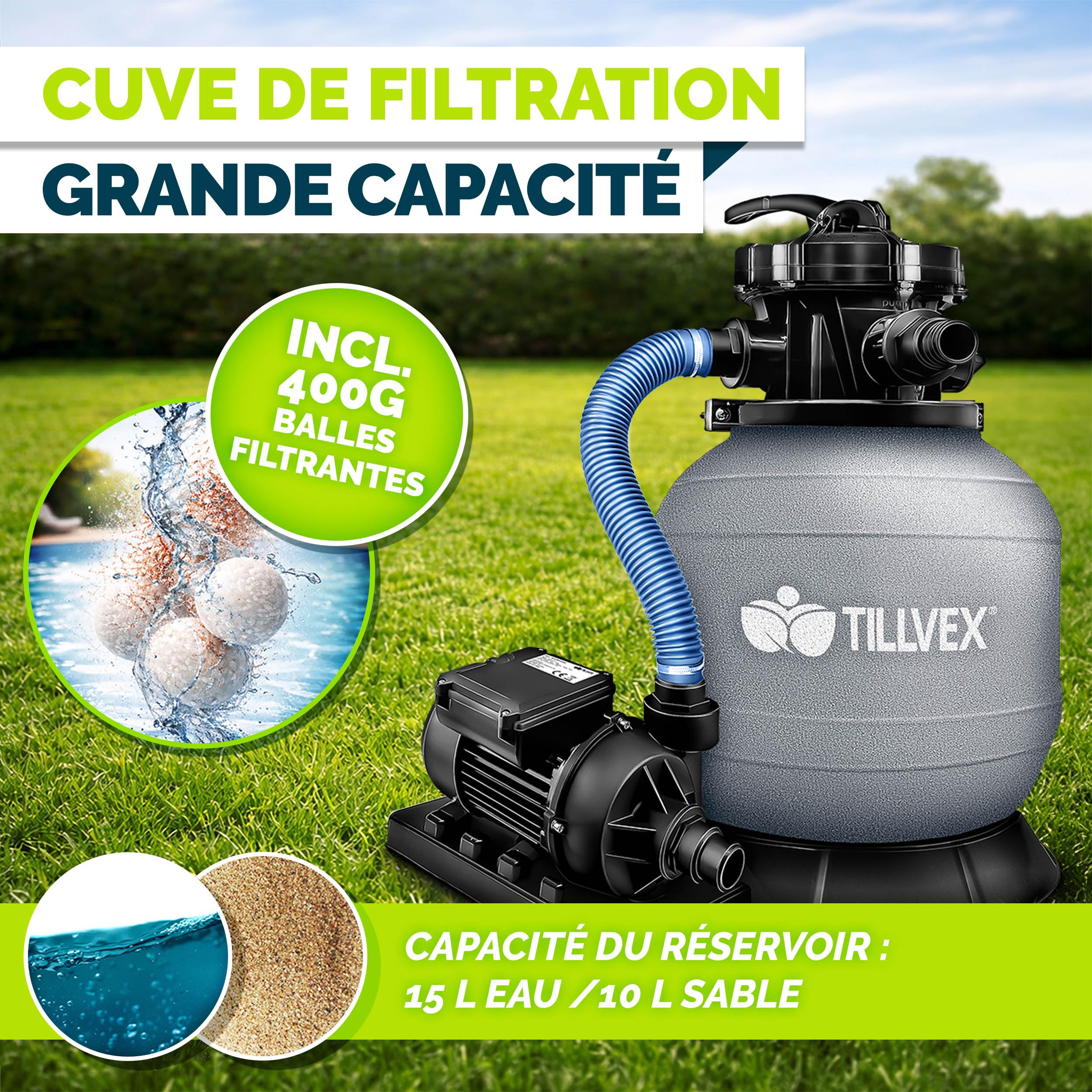 tillvex® Système de Filtre à Sable 7.900L/h + 400g Boules de Filtre | 7 Fonctions de Filtration & Adaptateur 2en1 Ø32-38mm | Filtre de piscine avec indicateur de pression (Gris)