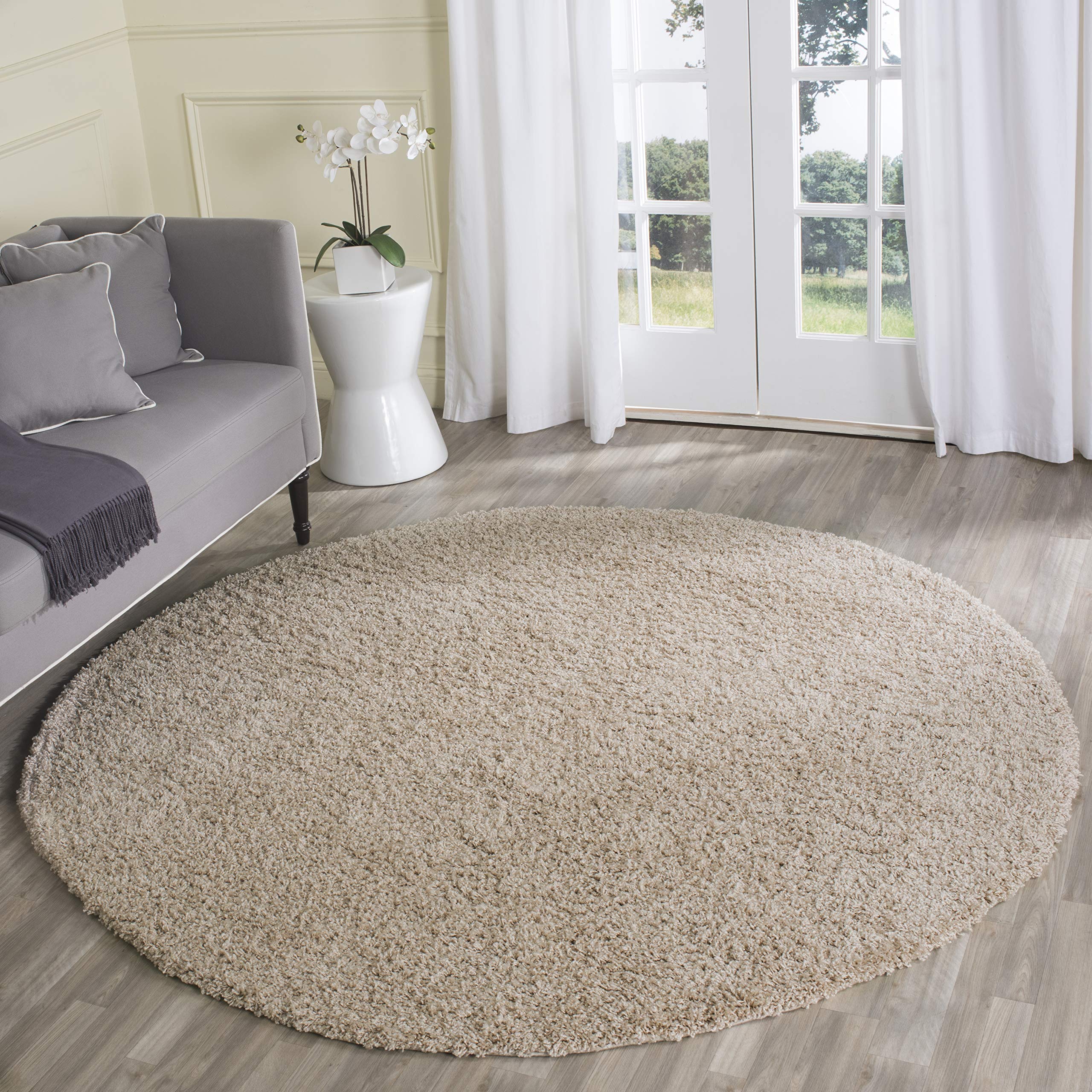 SAFAVIEH Laguna Shag Collection Area Rug - 6'7" Round, Sand, Solid Design, Non-Shedding & Easy Care, 2-inch Thick Ideal for High Traffic Areas in