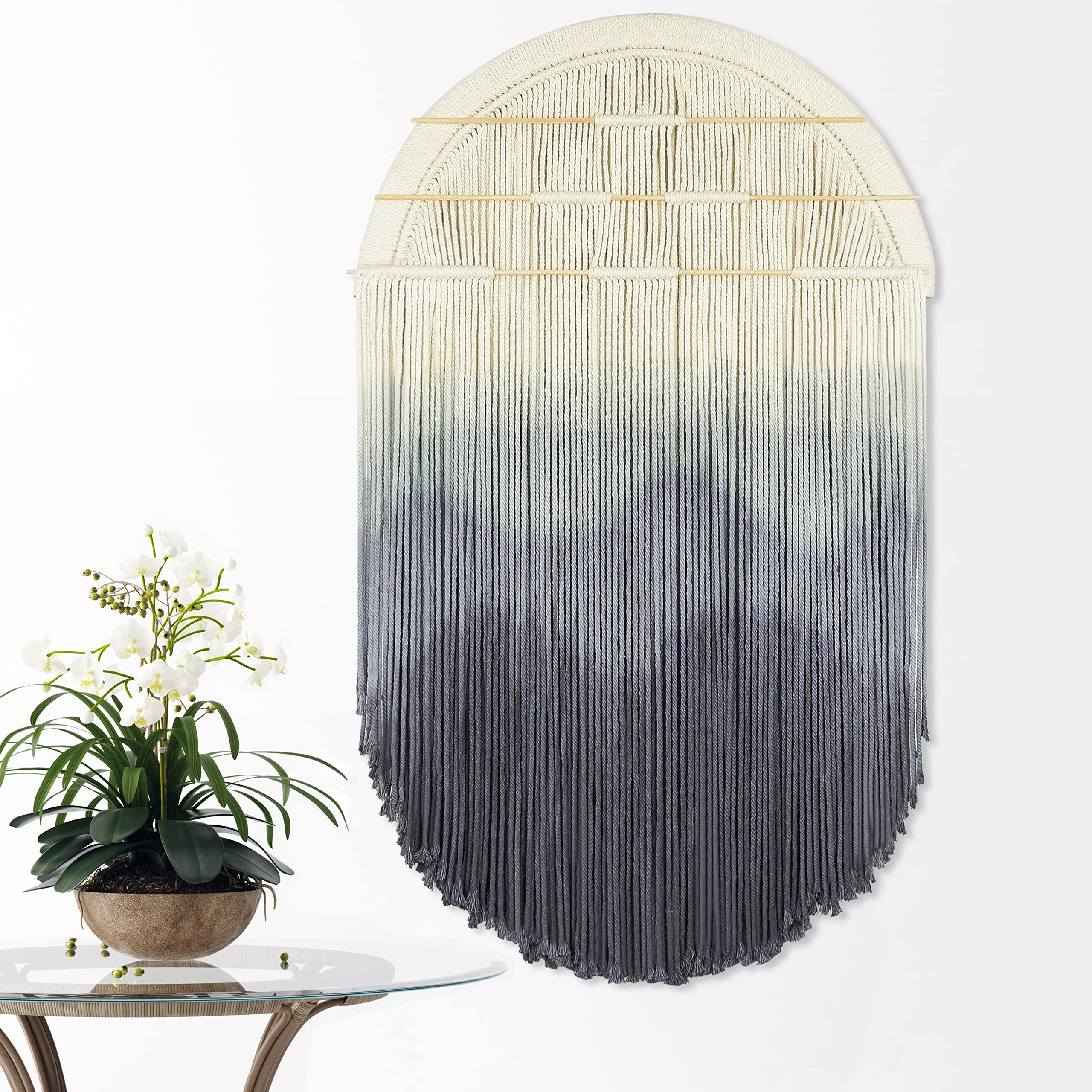 EISKBC Large Macrame Wall Hanging, Boho Dip Dyed Macrame Wall Decor, Woven Tassel Yarn Tapestry Wall Art, Above Bed Wall Decor for Bedroom, Circle Round Design, 37.8''L*23.6''W (Grey)