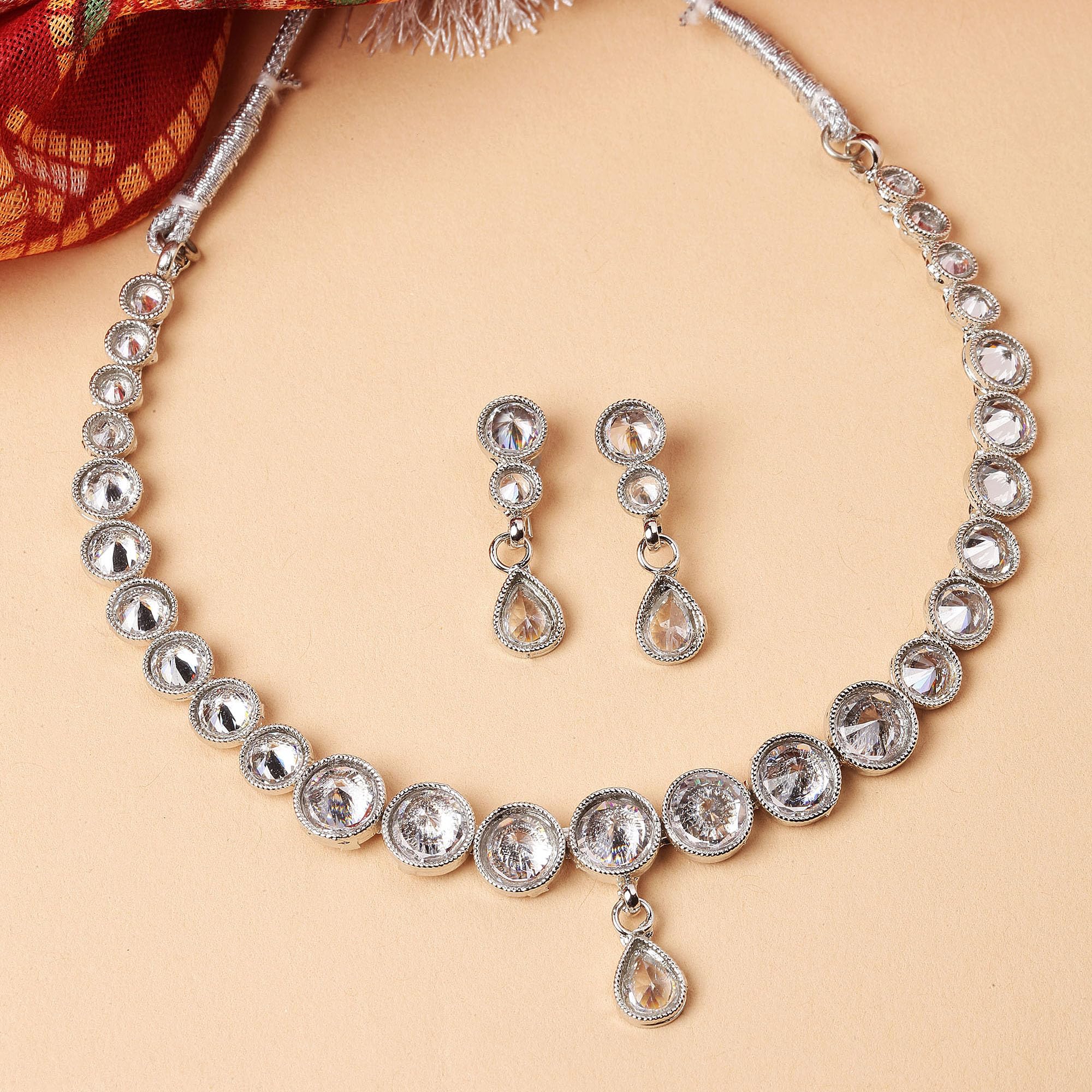 Oxidised Silver-Plated Round American Diamond Studded Necklace Set