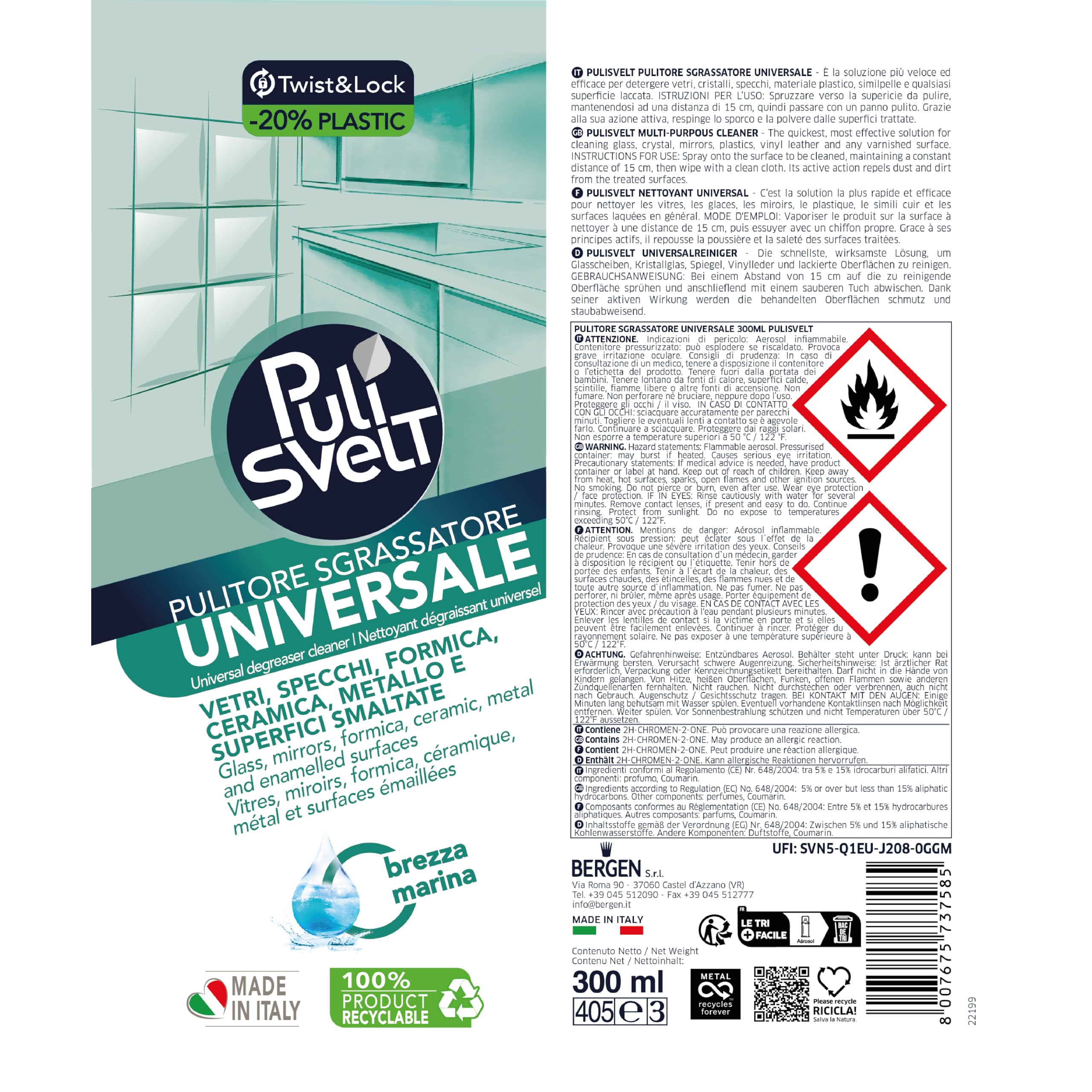 PULISVELT | Pulitore Sgrassatore Universale, Adatto a Tutte le Superfici Dure, della Casa, 300 ml, Confezione da 12 Pezzi