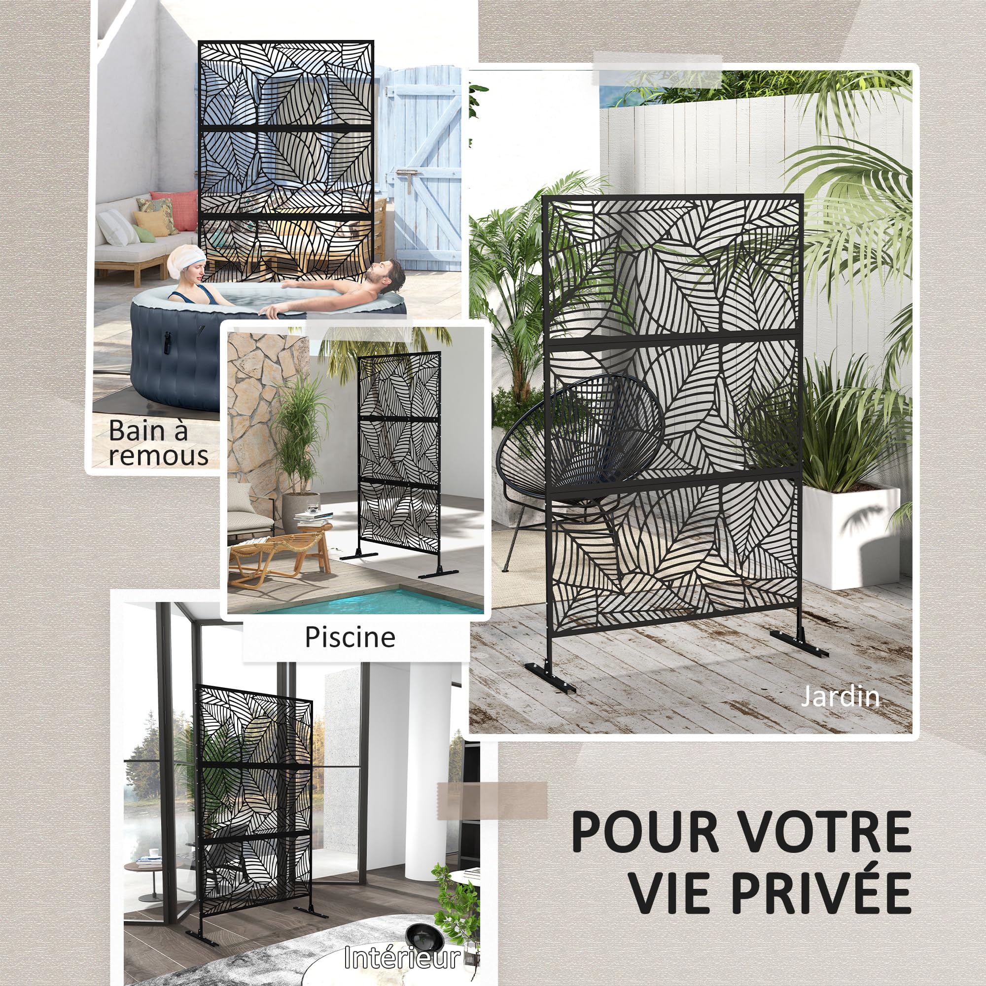 Outsunny Panneau Brise Vue Décoratif Extérieur Végétal 122x45x198 cm Noir | Paravent, en Métal, Motif Végétal