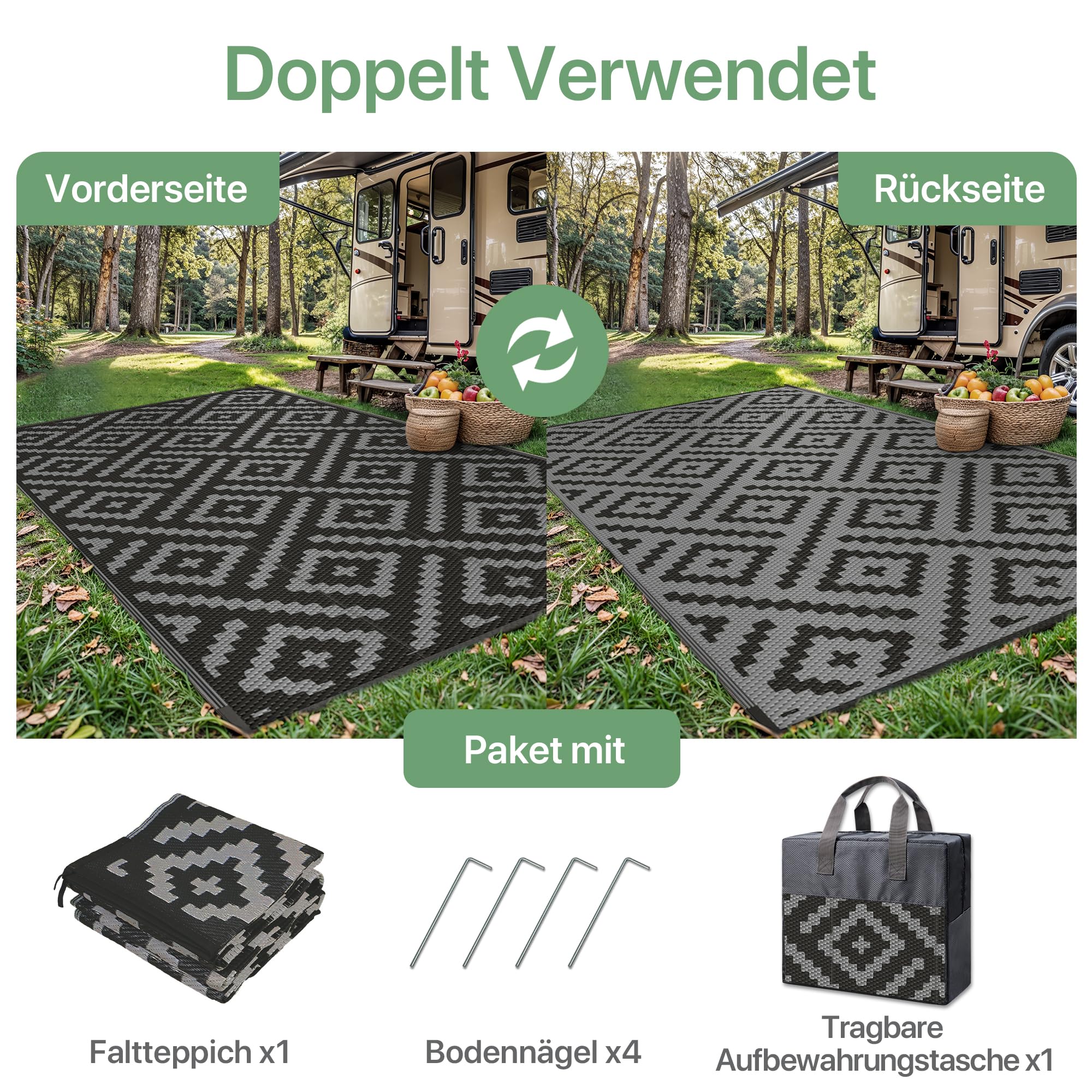 GENlMO Outdoor Teppich Wetterfest 150x240cm Picknickdecke Plastik-Strohhalm Matte UV-bestandig Camping Teppich Waschbarer Outdoor Teppiche fur Garten, Balkon,Pool, Deck, Hinterhof, Schwarz & Grau