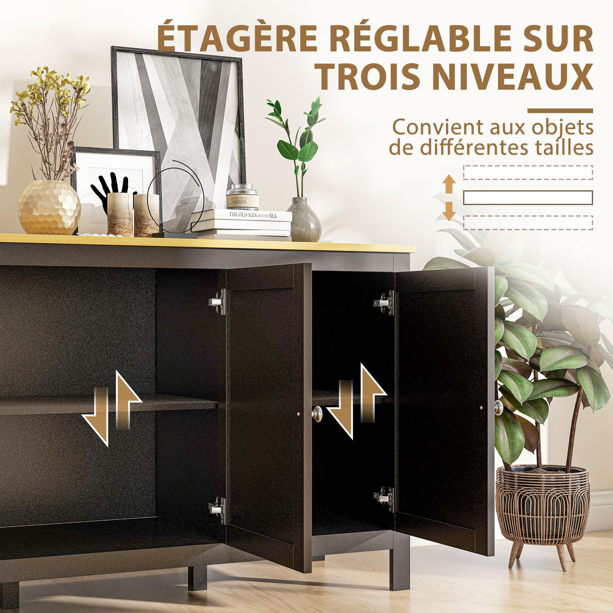 HOMCOM Buffet Meuble de Rangement avec 3 Portes 2 étagères réglables Plateau Aspect Bois Clair - 120 x 40 x 70 cm Noir
